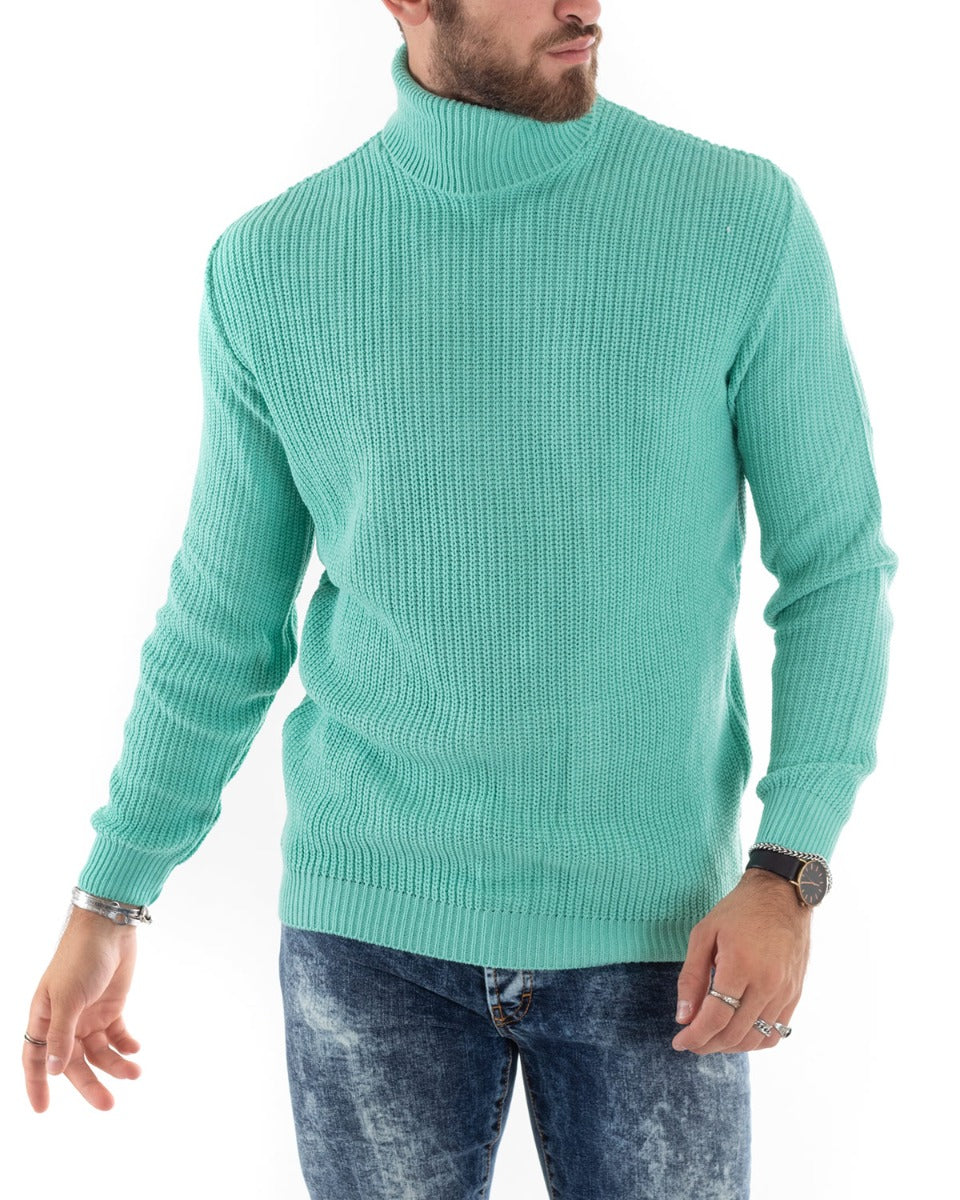 Maglioncino Uomo Collo Alto Tinta Unita Verde Acqua Maglia Inglese Dolcevita Basic GIOSAL-M2354A