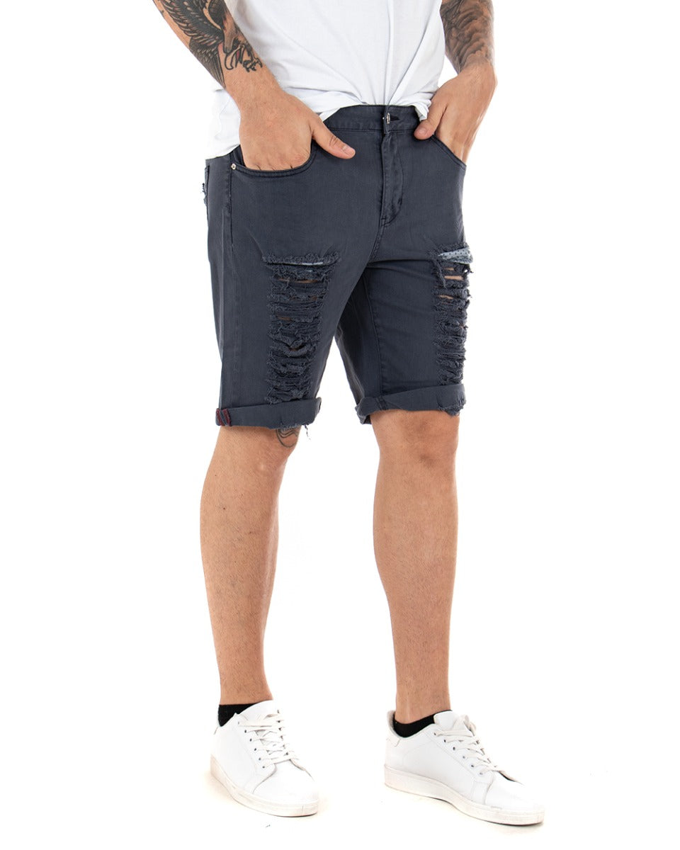 Bermuda Pantaloncino Uomo Corto Rotture Blu Cinque Tasche Slim GIOSAL-PC1894A