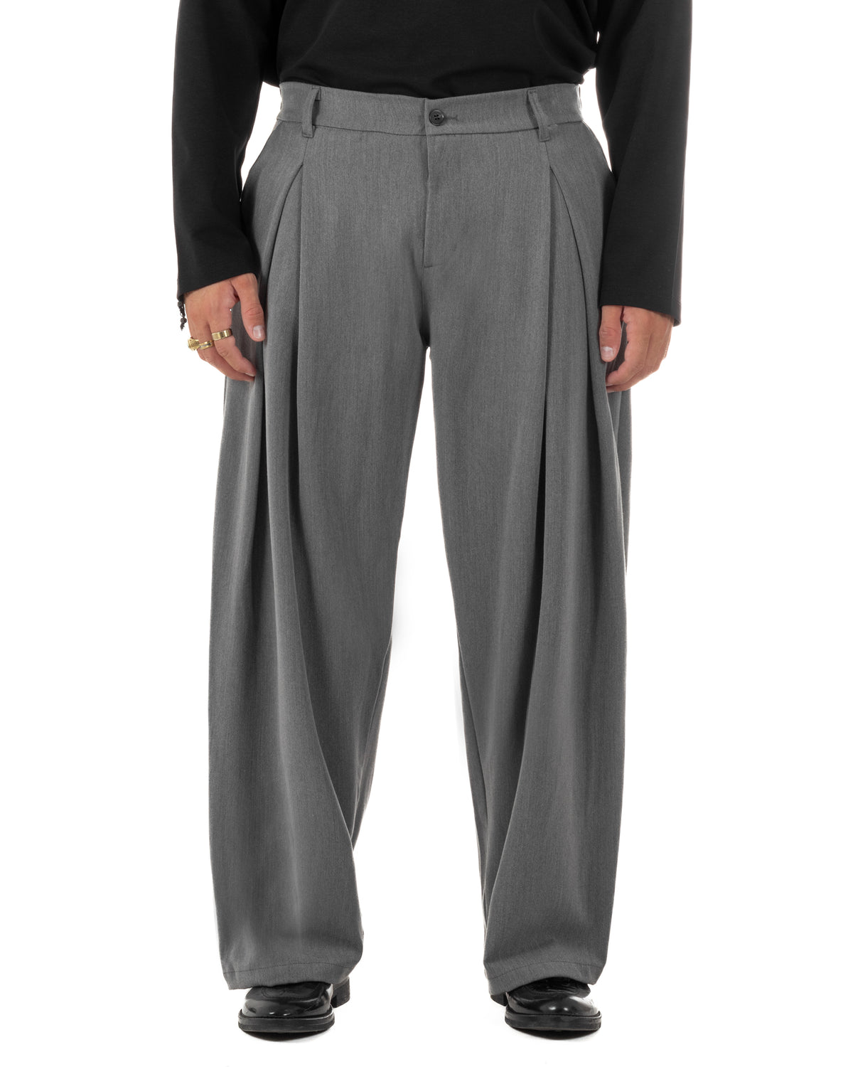 Men's grey baggy wide-fit viscose trousers with pleats P6524A