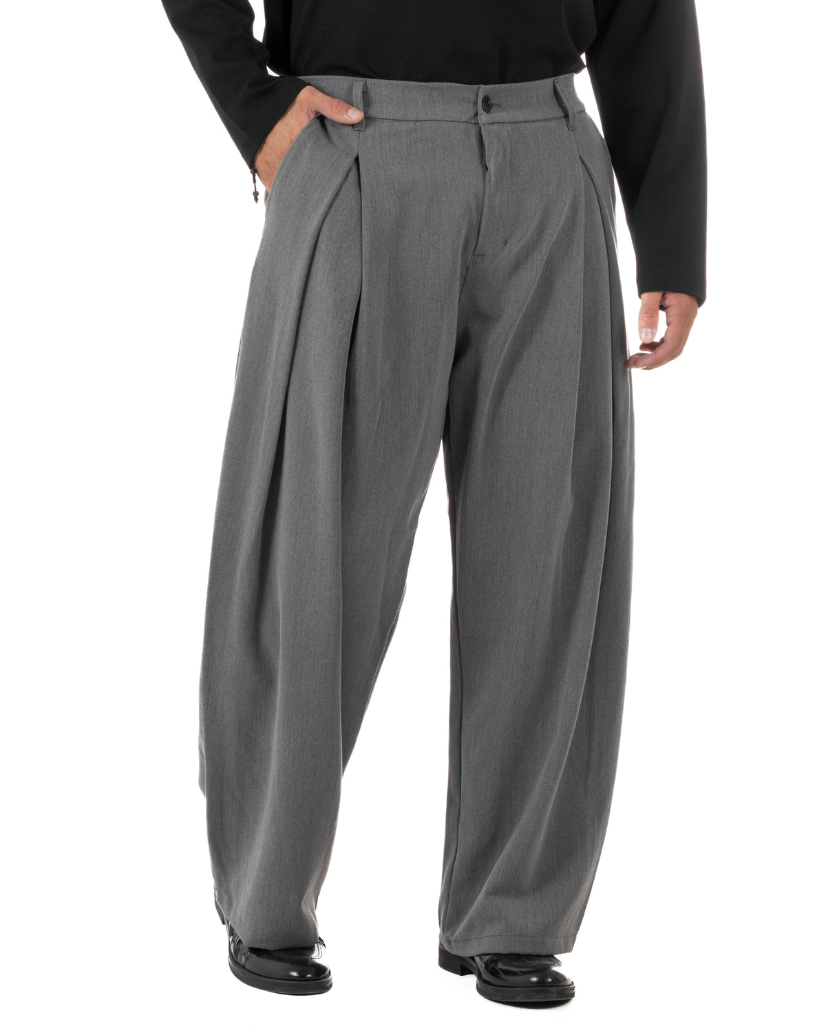 Men's grey baggy wide-fit viscose trousers with pleats P6524A