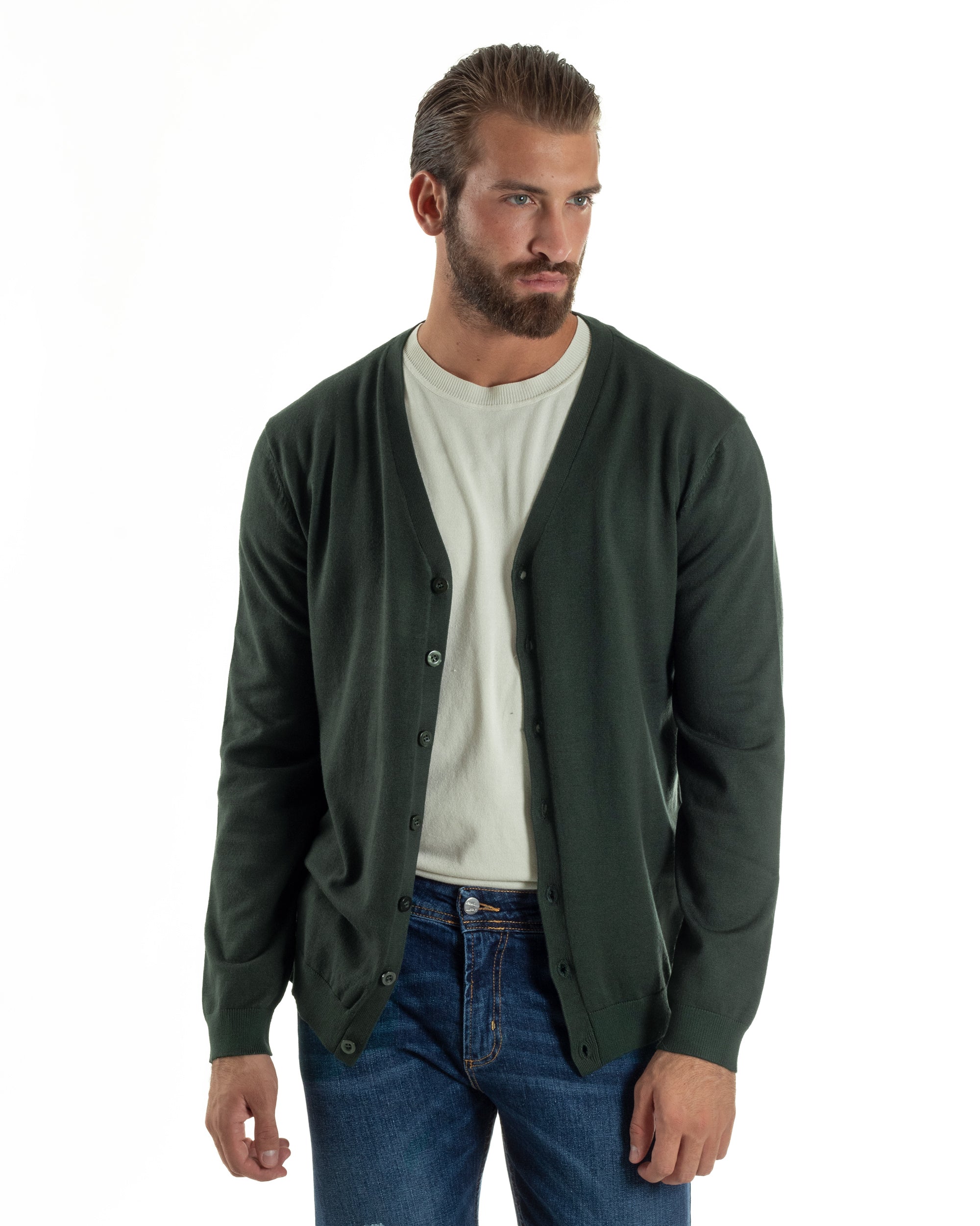 Cardigan Maglia Sottile Scollo a V Basic Verde M2690A