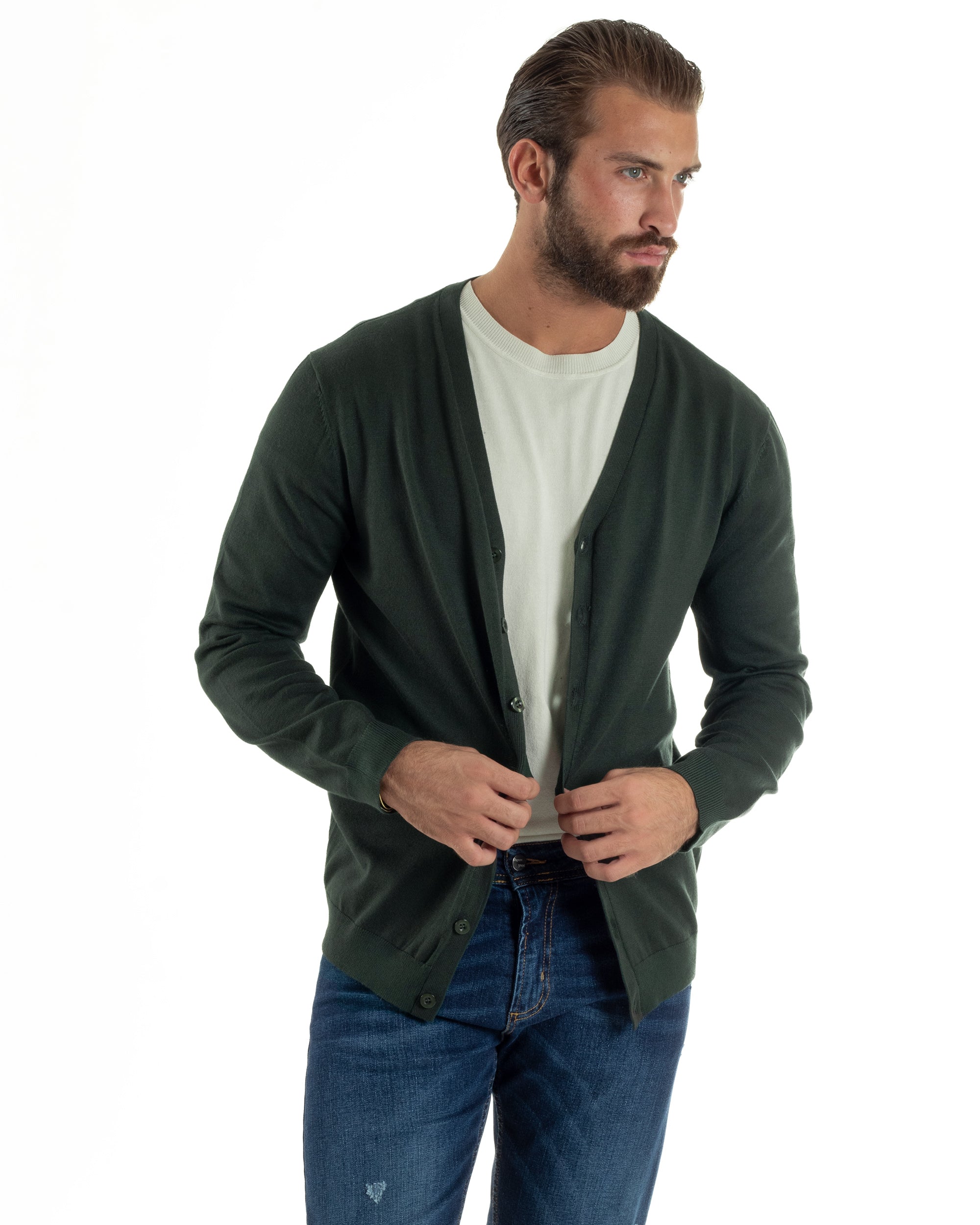 Cardigan Maglia Sottile Scollo a V Basic Verde M2690A