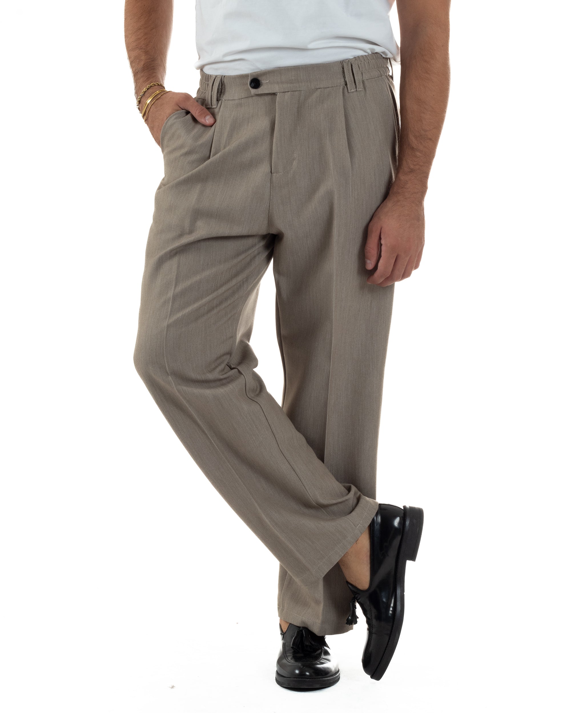 Pantaloni Viscosa Uomo Baggy Fondo Ampio Beige Melangiato P6356A