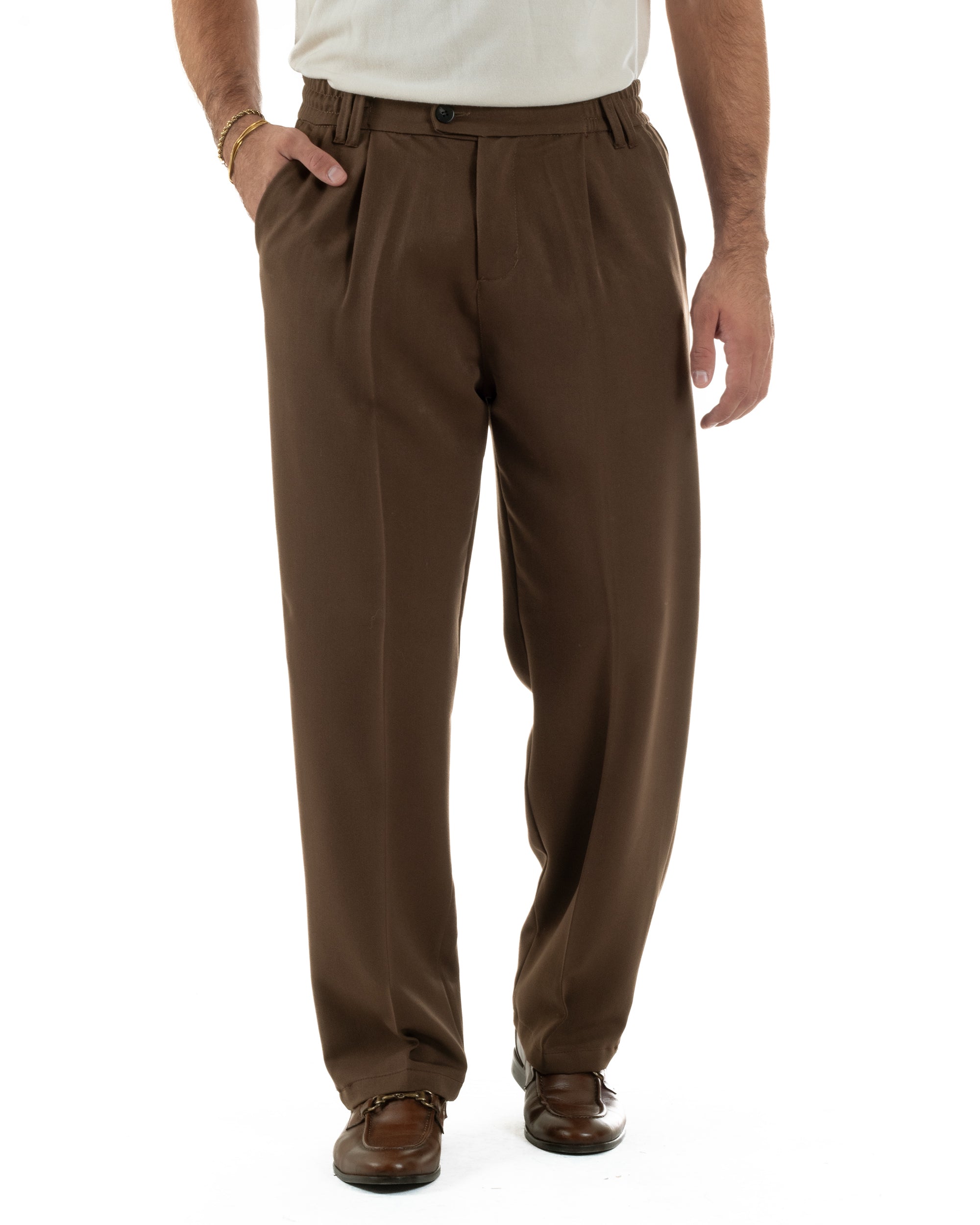 Pantaloni Viscosa Uomo Baggy Fondo Ampio Marrone P6357A