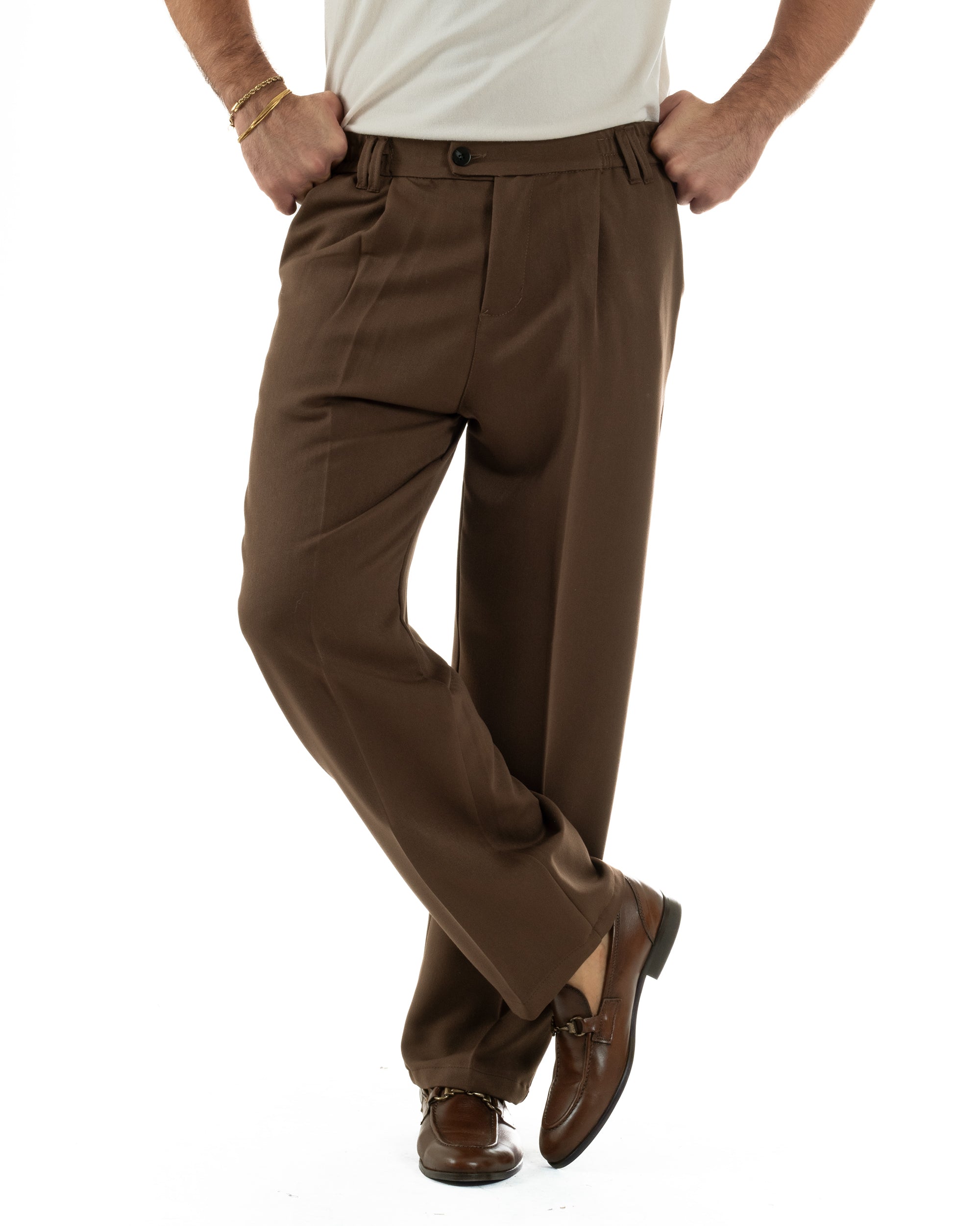 Pantaloni Viscosa Uomo Baggy Fondo Ampio Marrone P6357A