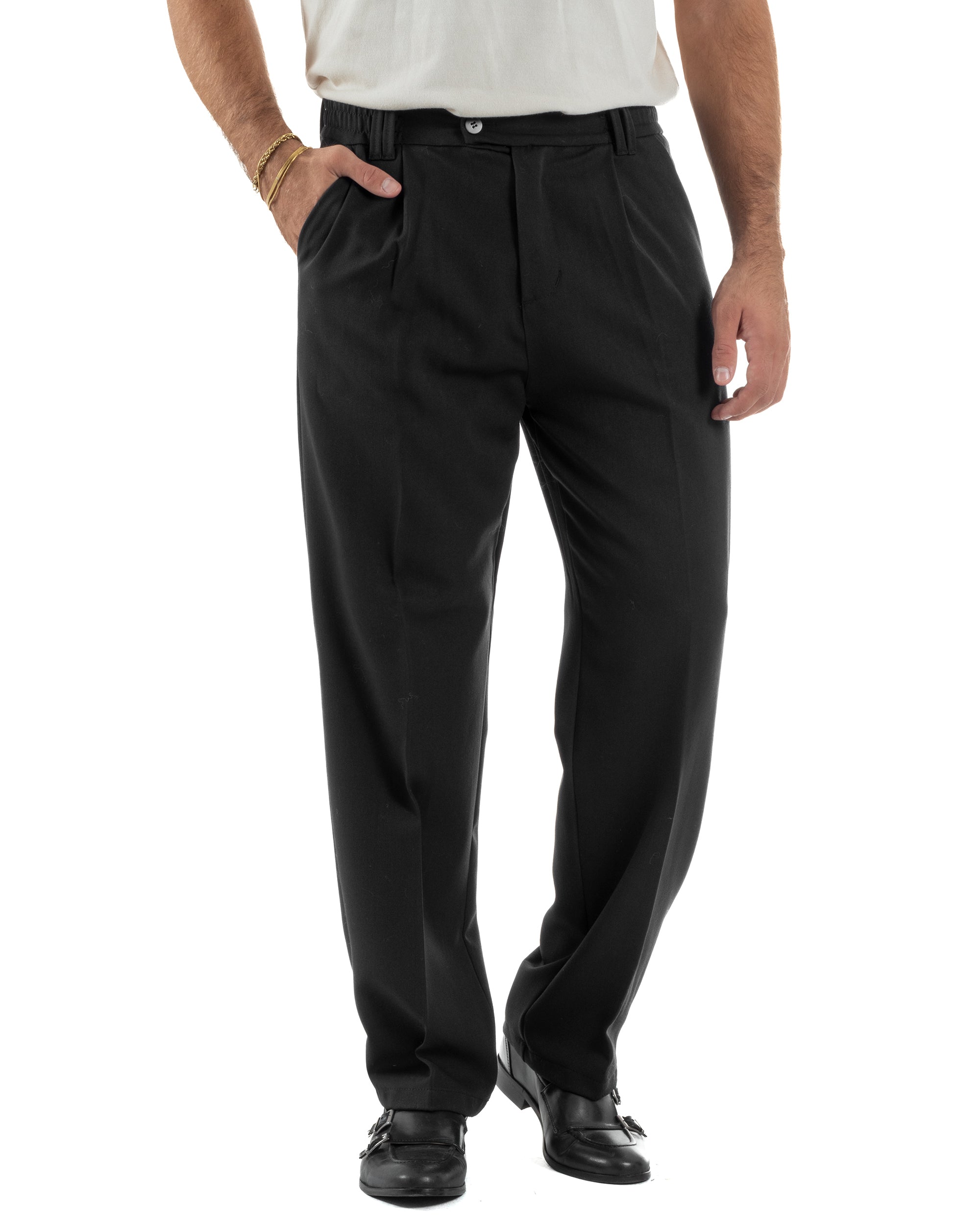 Pantaloni Viscosa Uomo Baggy Fondo Ampio Nero P5917A