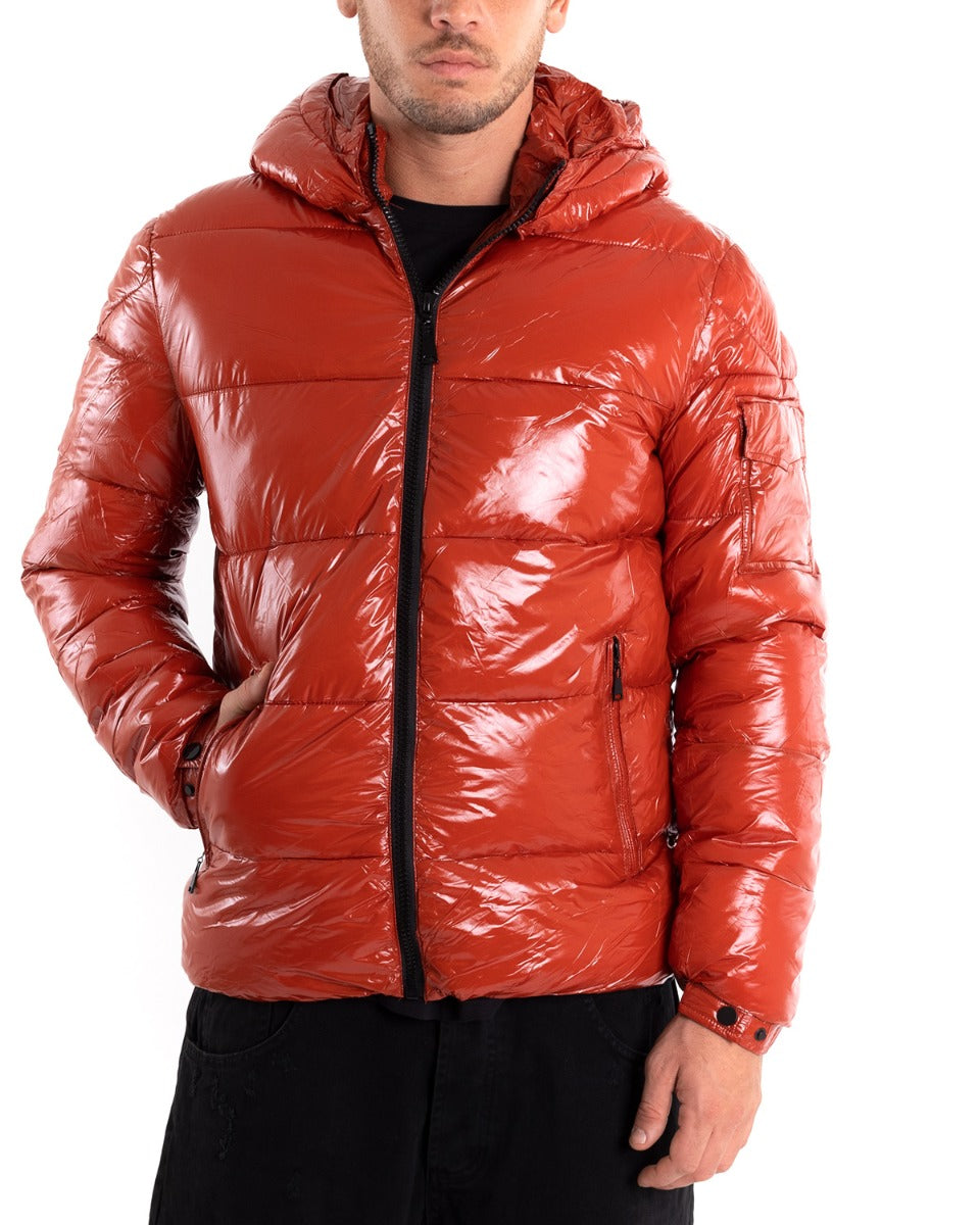 Giubbotto Uomo Bomber Lucido Vernice Cappuccio Tinta Unita Rosso GIOSAL-G2622A