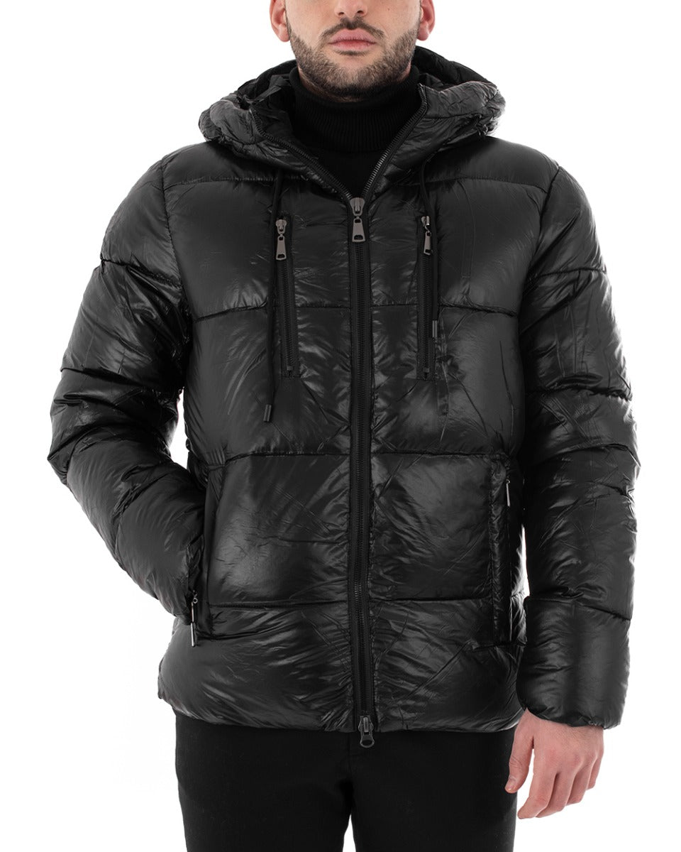 Giubbotto Uomo Bomber Tinta Unita Nero Lucido Opaco Puffer Trapuntato Cappuccio GIOSAL-G2729A
