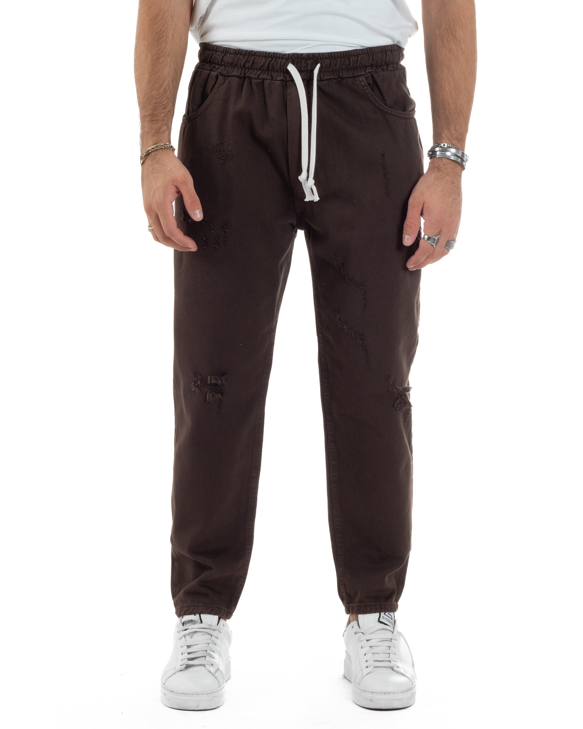 Jeans Jogger Cotone Loose Fit Rotture Marrone P6391A