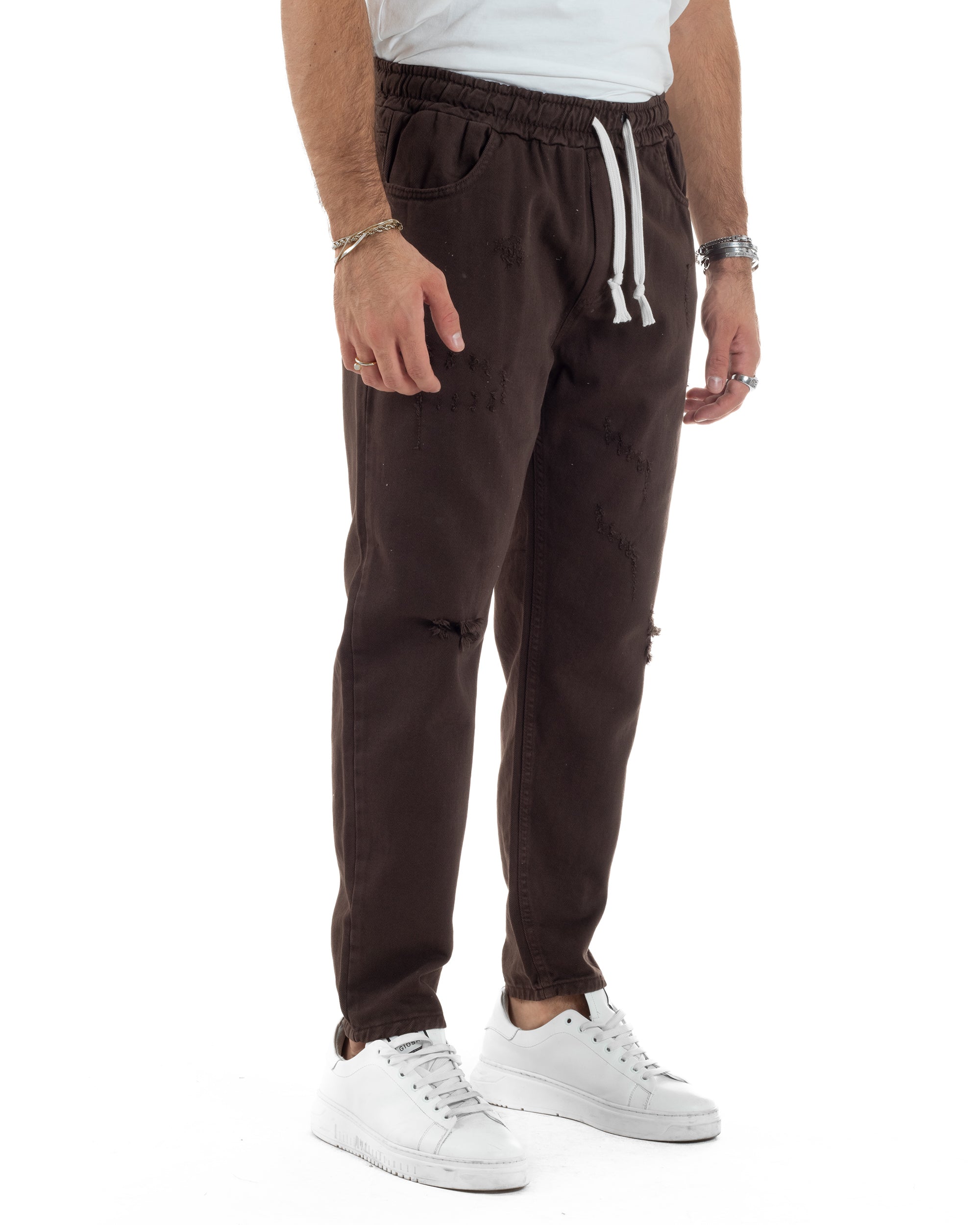 Jeans Jogger Cotone Loose Fit Rotture Marrone P6391A