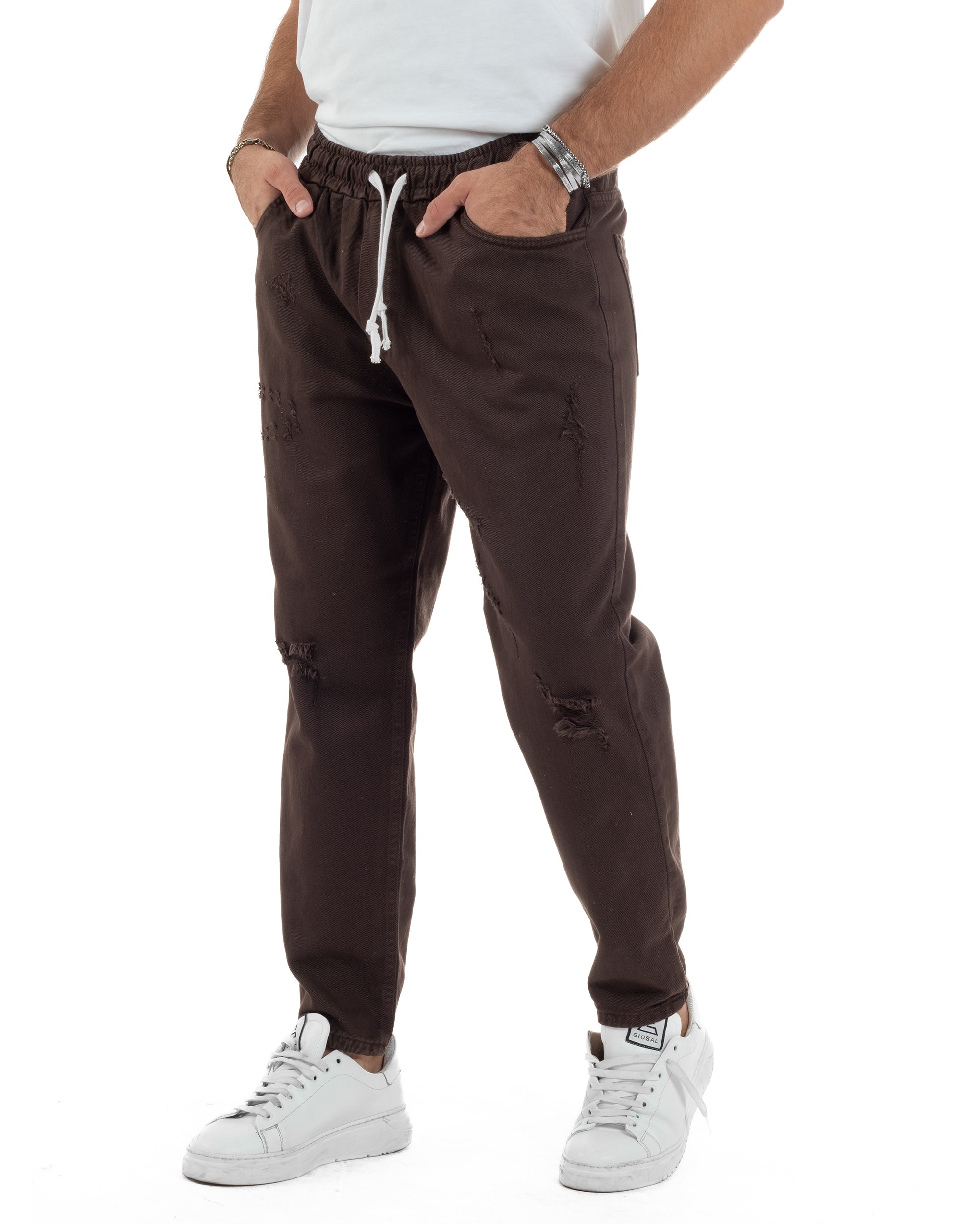 Jeans Jogger Cotone Loose Fit Rotture Marrone P6391A