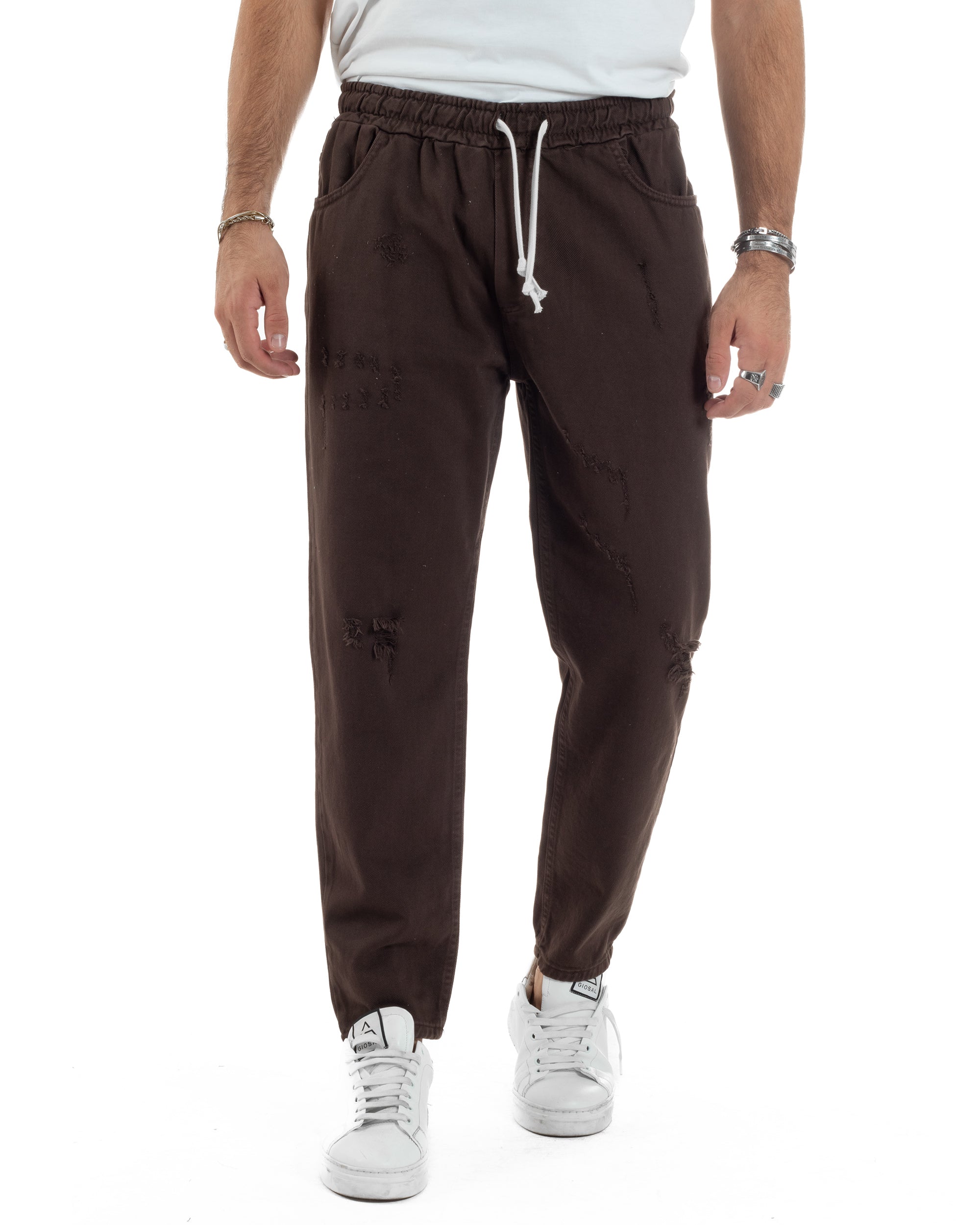 Jeans Jogger Cotone Loose Fit Rotture Marrone P6391A