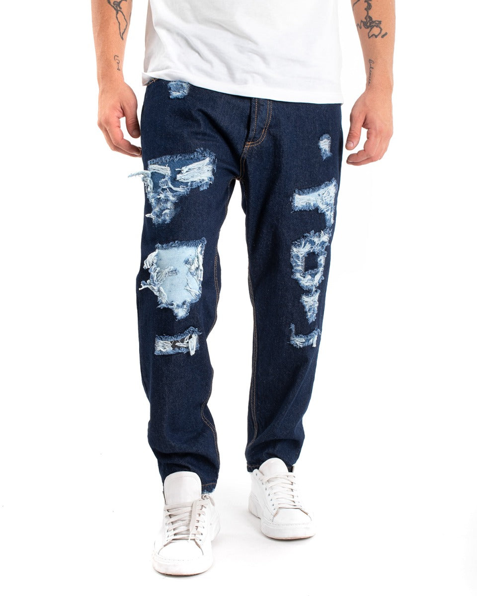 Pantaloni Jeans Uomo Loose Fit Ripped Denim Scuro Con Rotture GIOSAL-P5479A