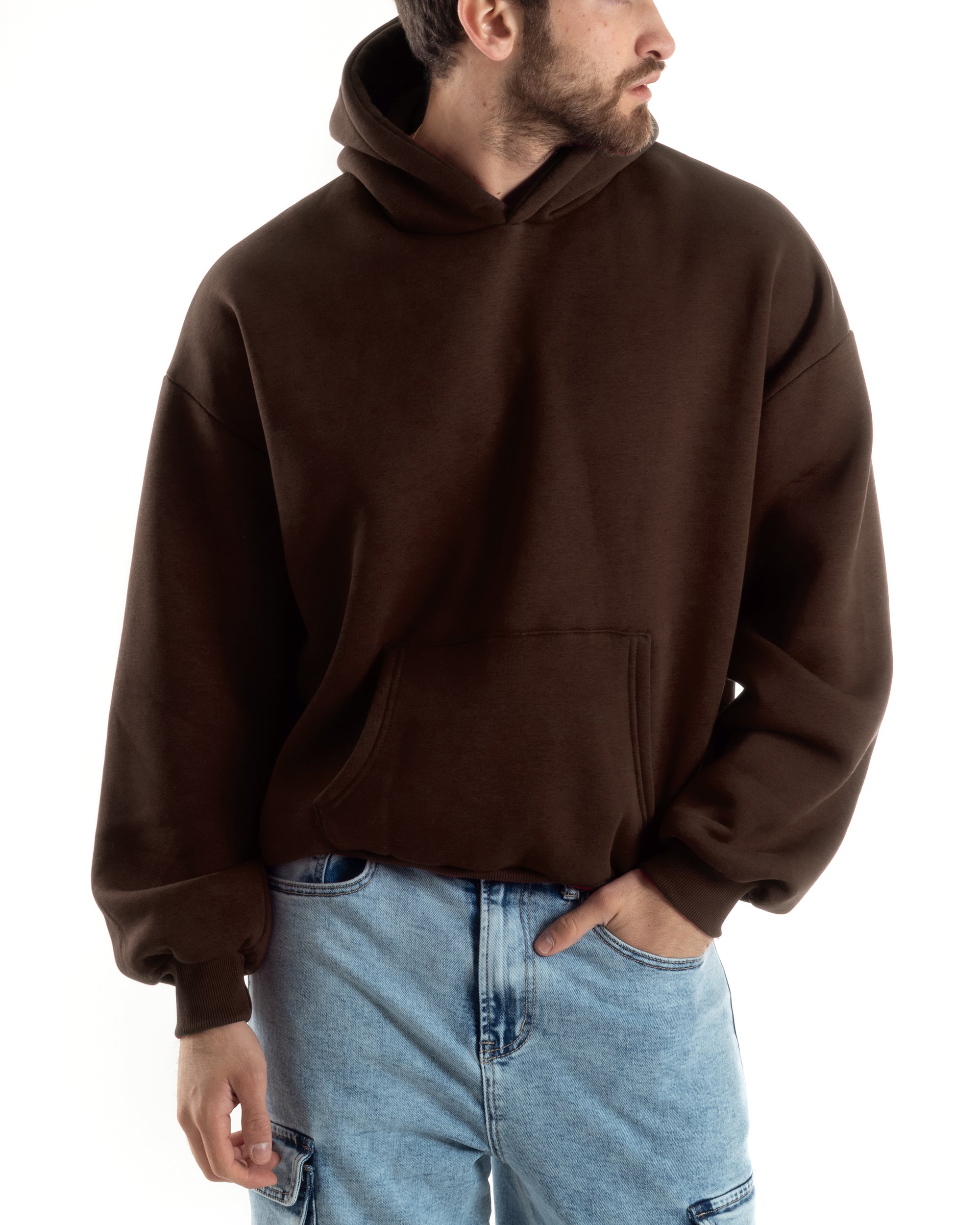 Felpa Con Cappuccio Uomo Boxy Fit Basic Felpata Comoda Tinta Unita Marrone GIOSAL-F3052A