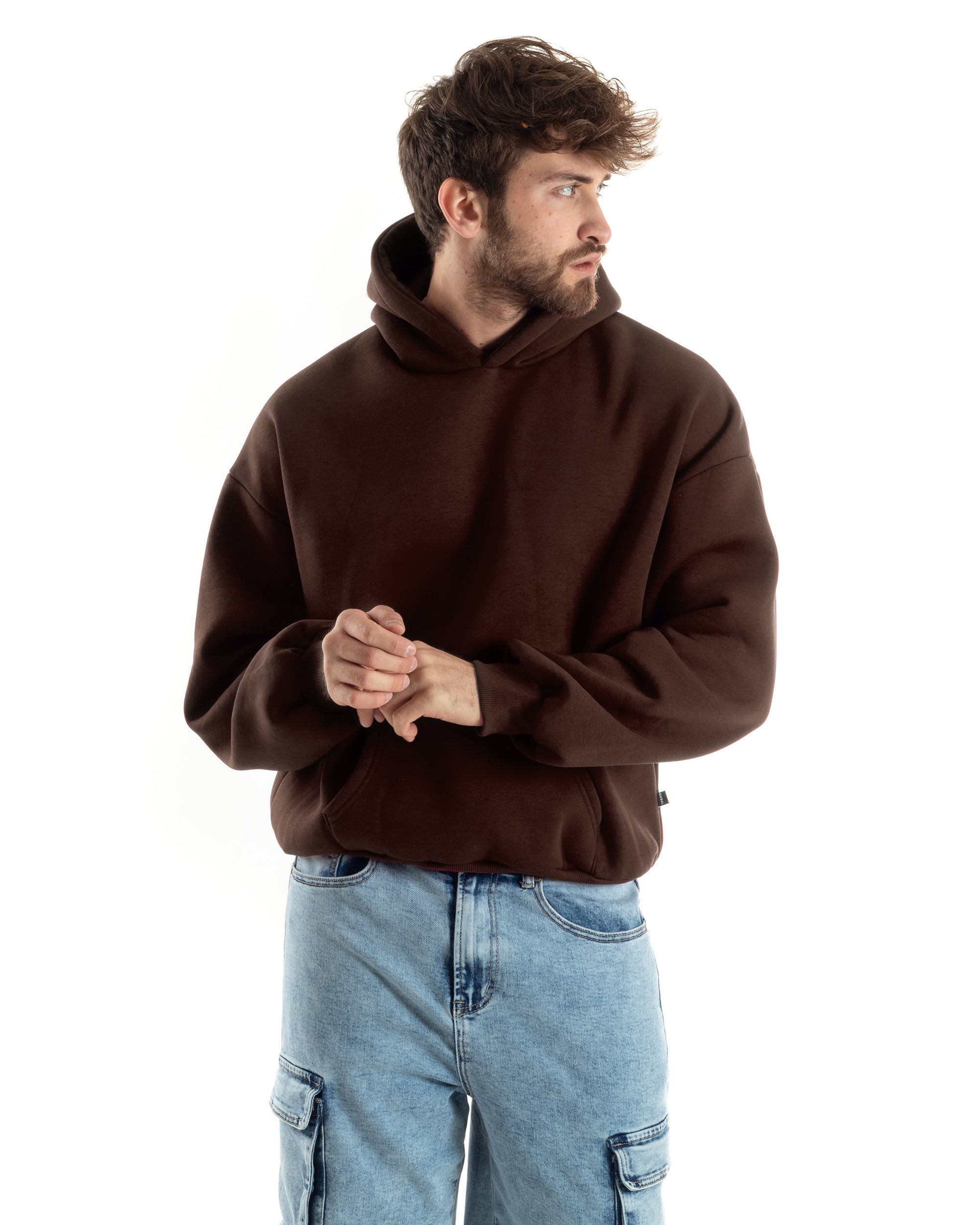 Felpa Con Cappuccio Uomo Boxy Fit Basic Felpata Comoda Tinta Unita Marrone GIOSAL-F3052A
