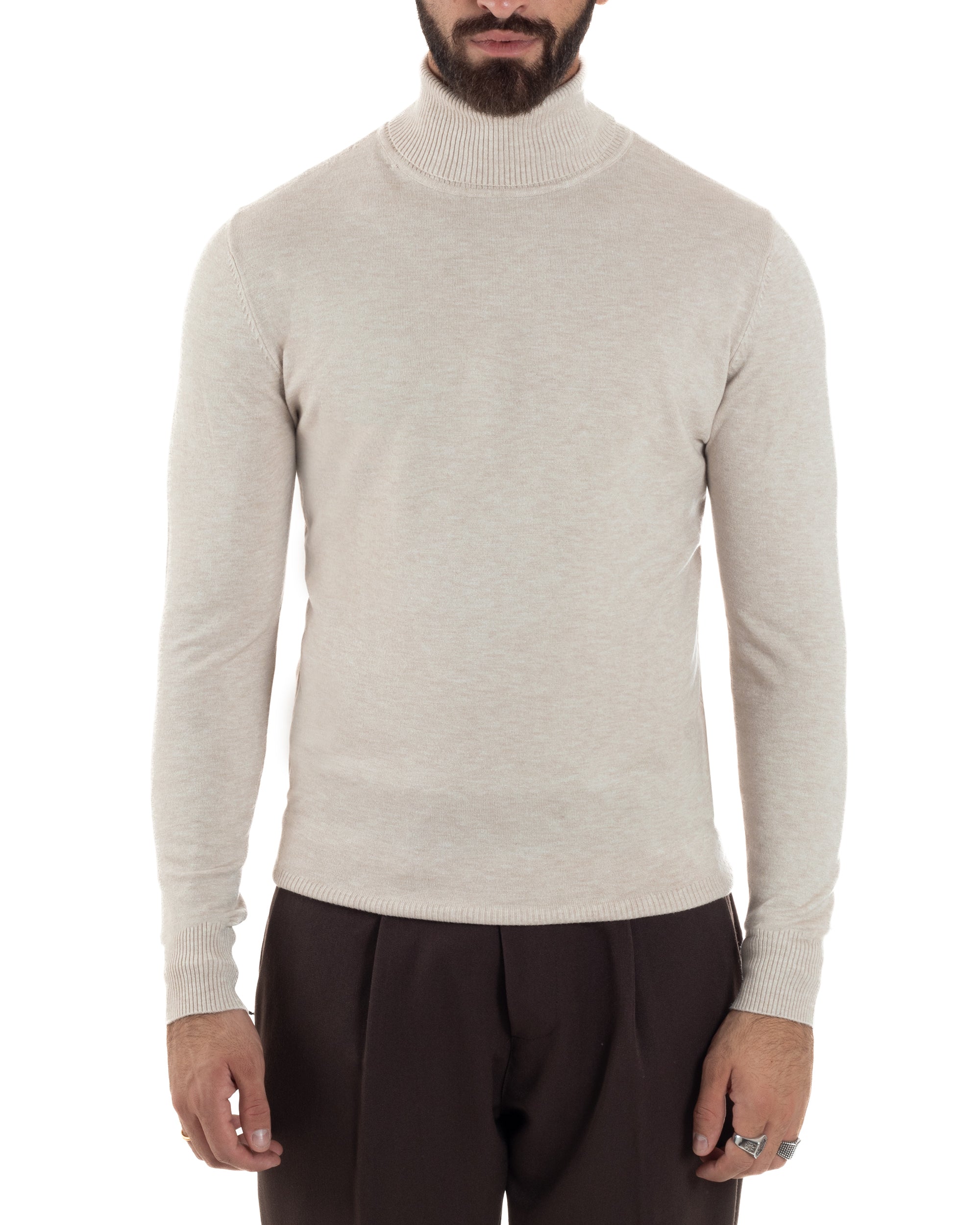 Maglioncino Uomo Basic Sottile Collo Alto Beige Melangiato M2542A