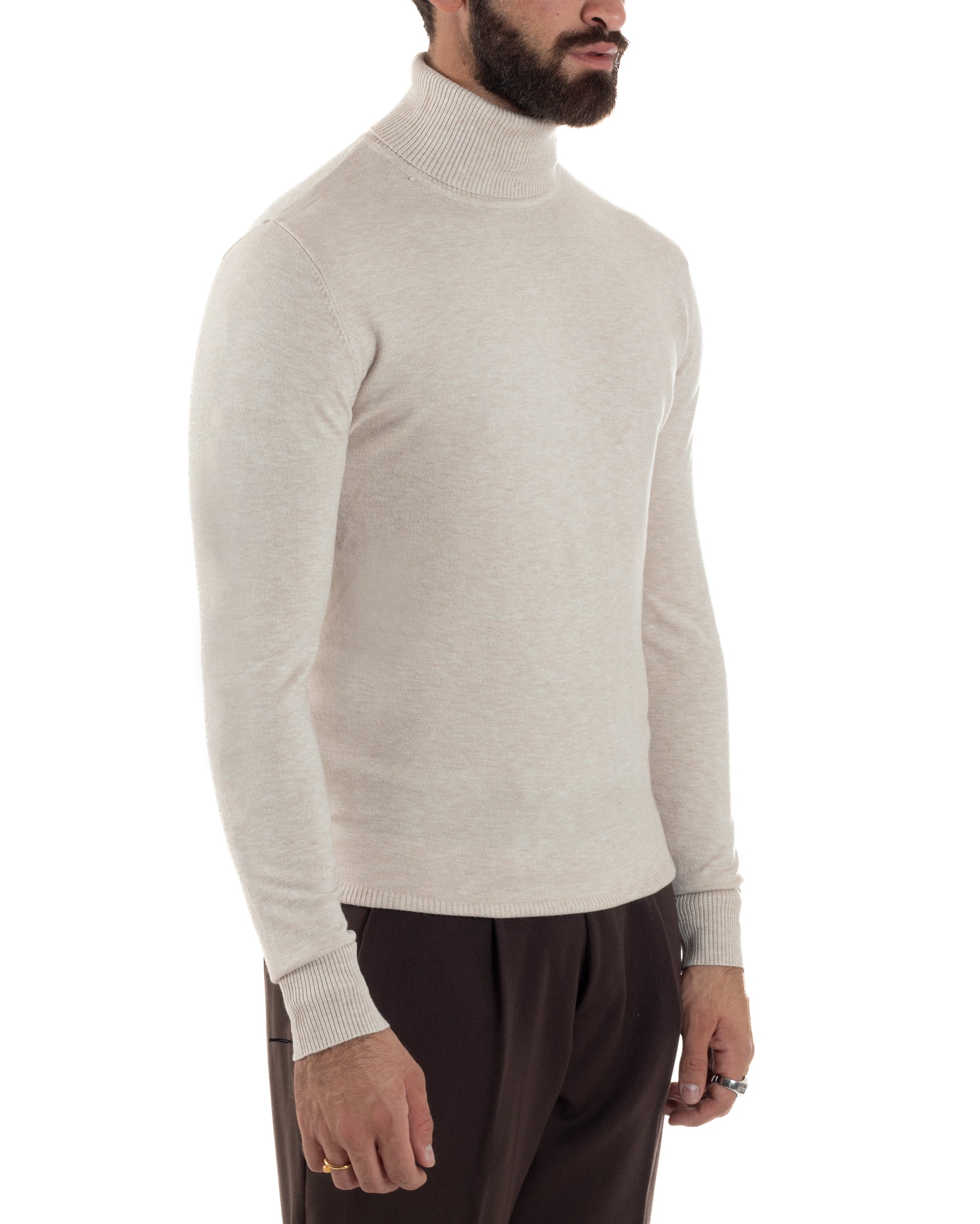 Maglioncino Uomo Basic Sottile Collo Alto Beige Melangiato M2542A