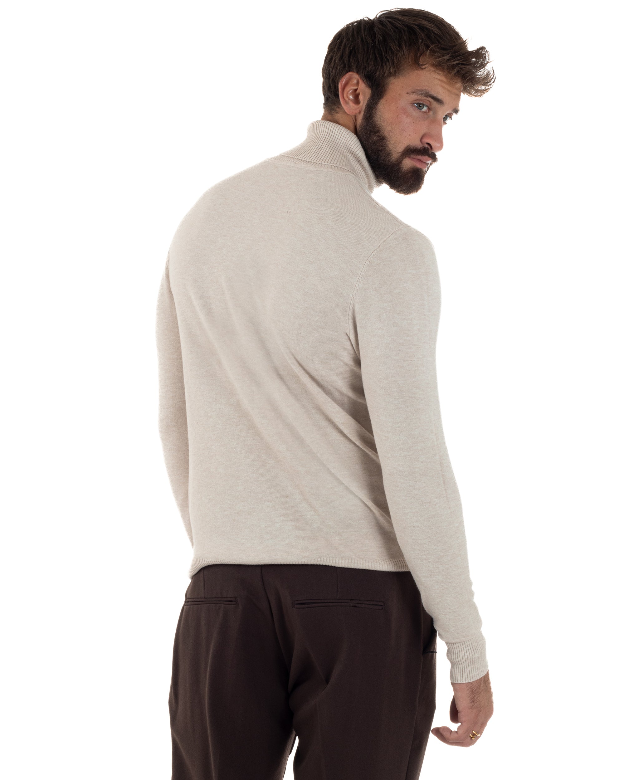 Maglioncino Uomo Basic Sottile Collo Alto Beige Melangiato M2542A