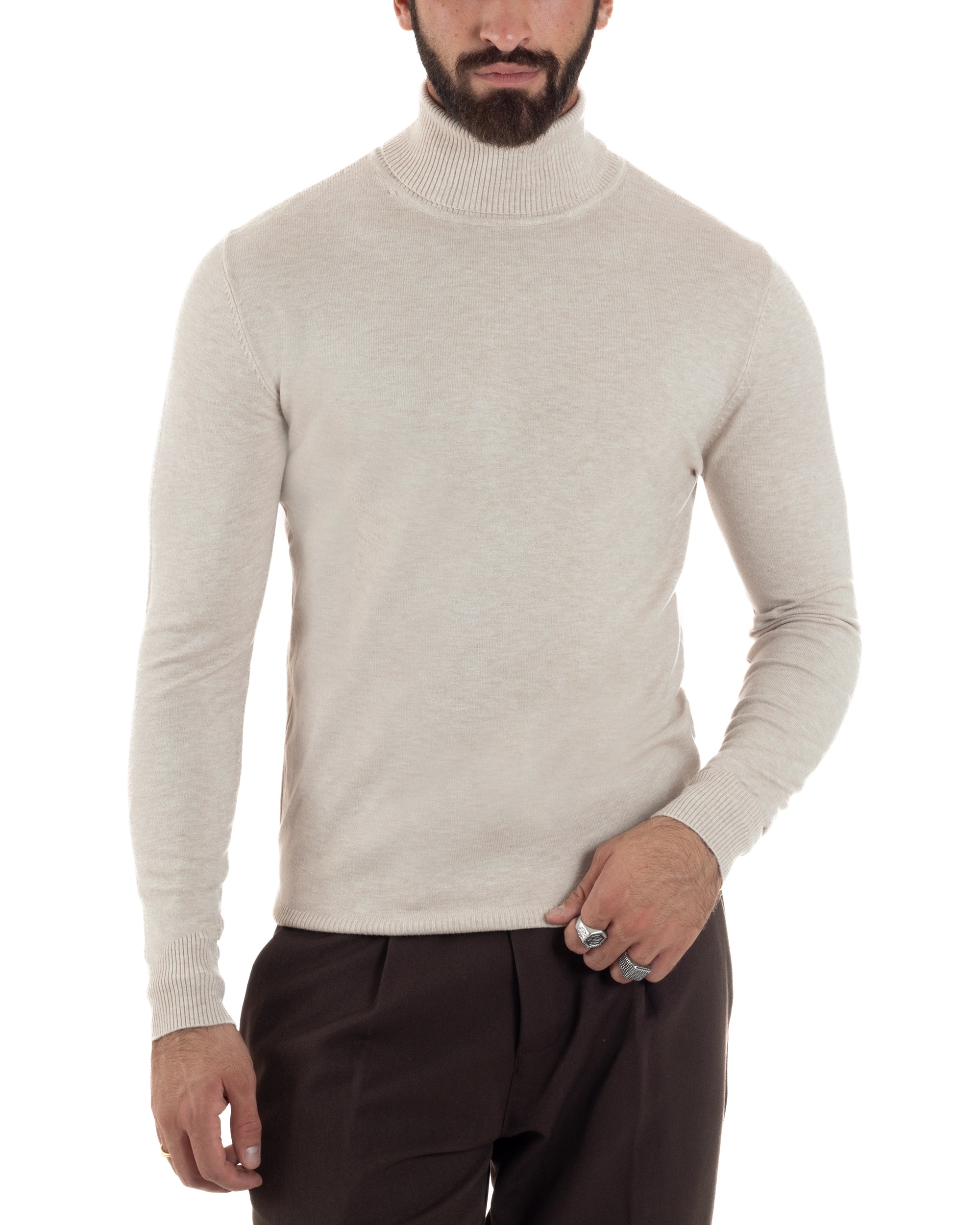 Maglioncino Uomo Basic Sottile Collo Alto Beige Melangiato M2542A