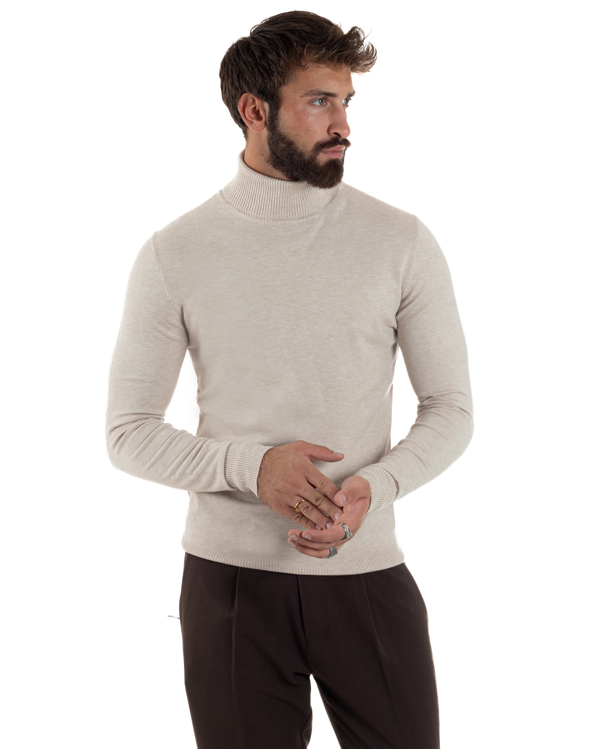 Maglioncino Uomo Basic Sottile Collo Alto Beige Melangiato M2542A