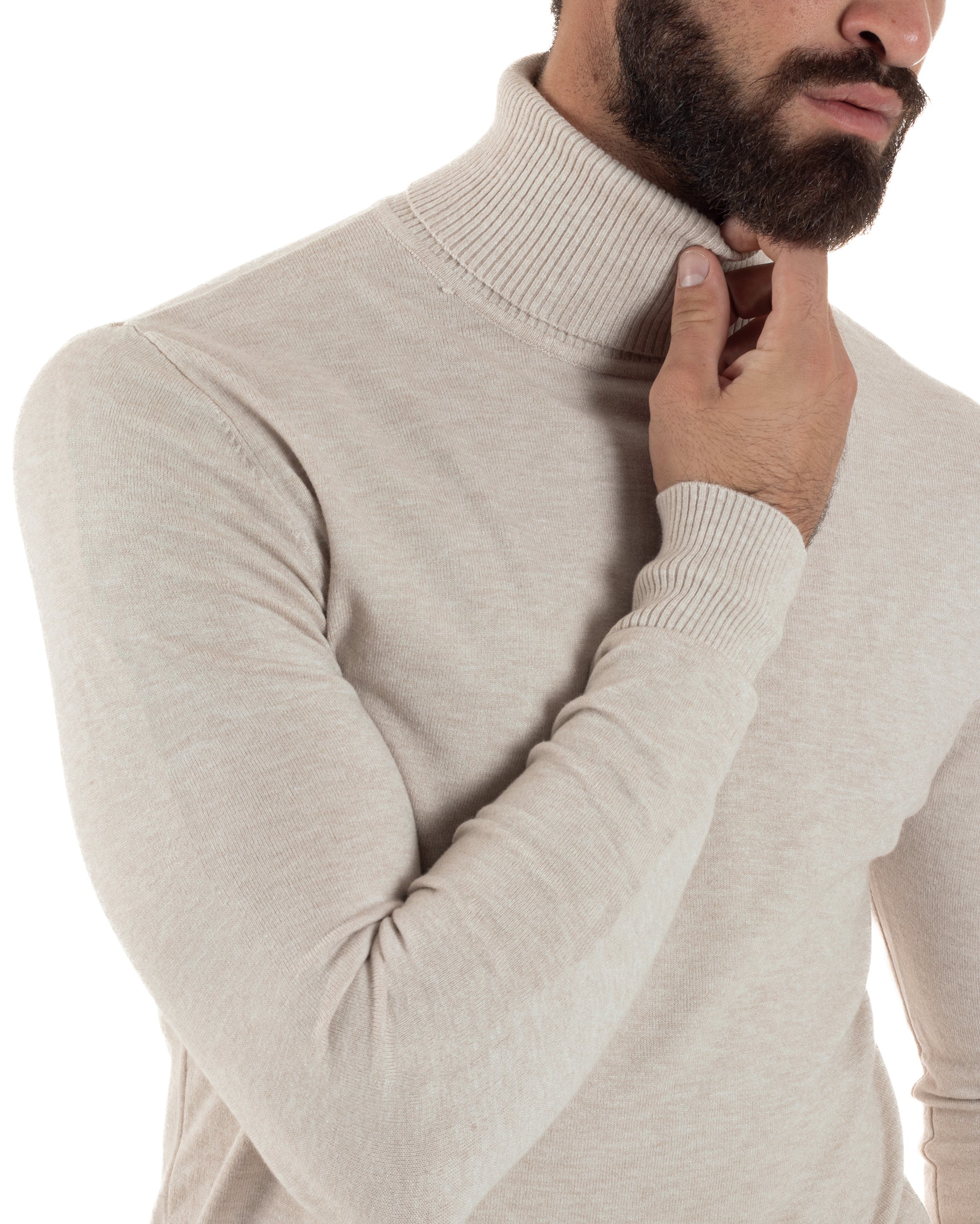 Maglioncino Uomo Basic Sottile Collo Alto Beige Melangiato M2542A