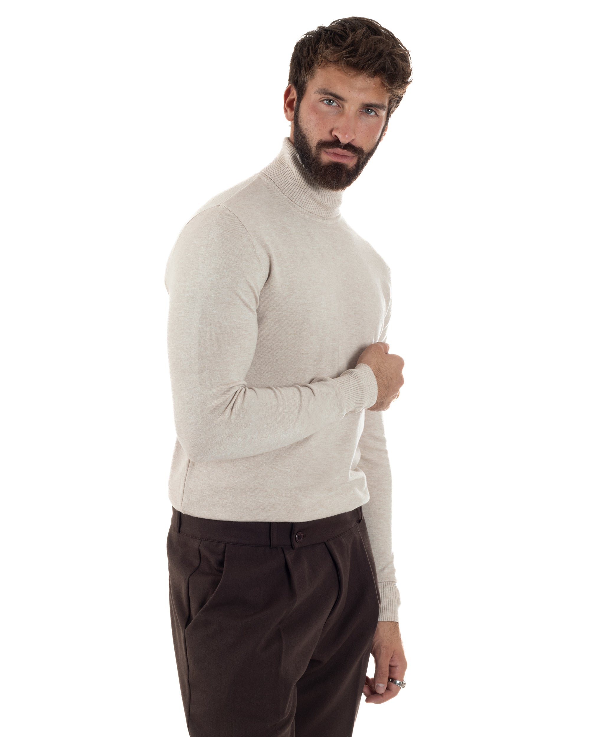 Maglioncino Uomo Basic Sottile Collo Alto Beige Melangiato M2542A