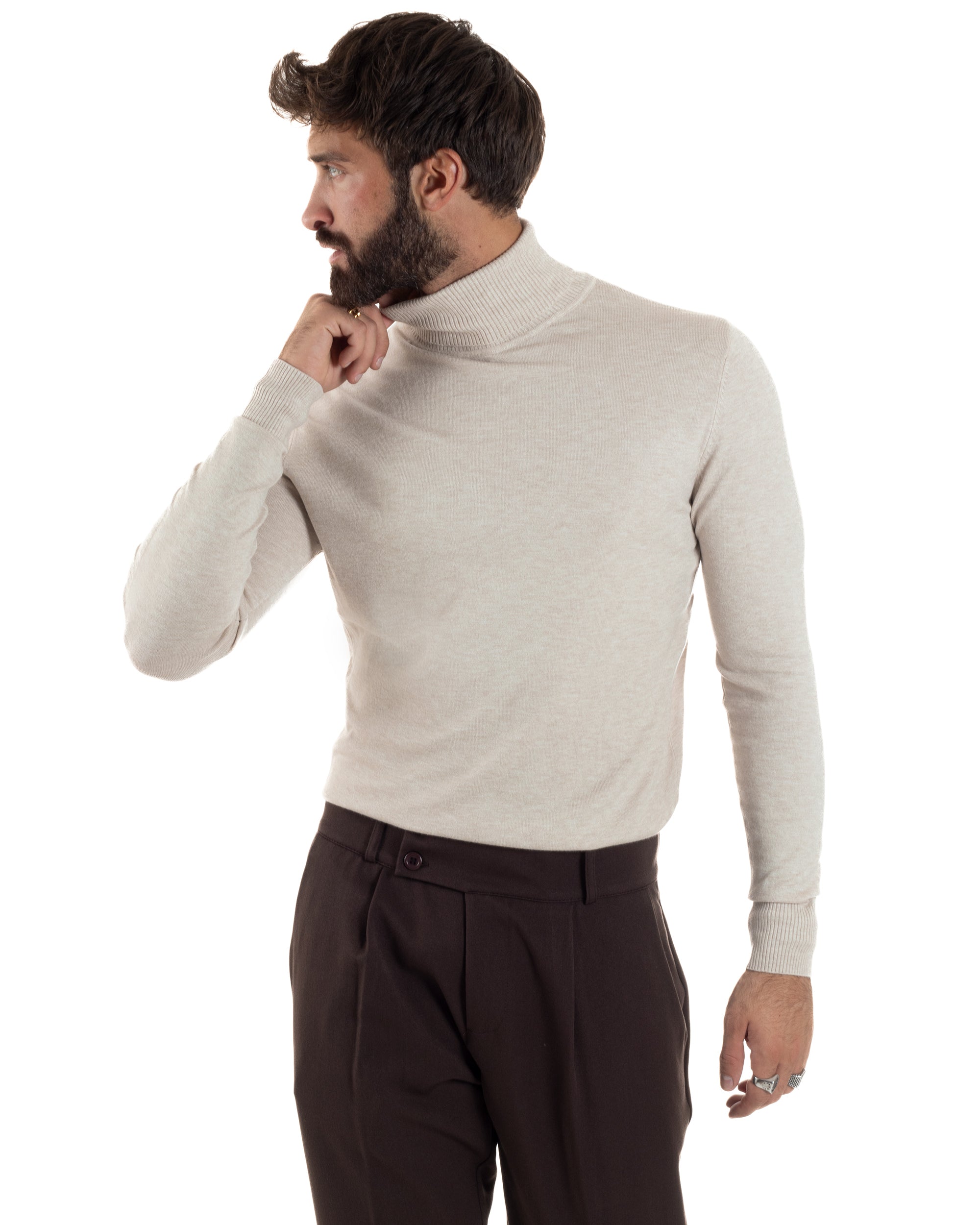 Maglioncino Uomo Basic Sottile Collo Alto Beige Melangiato M2542A