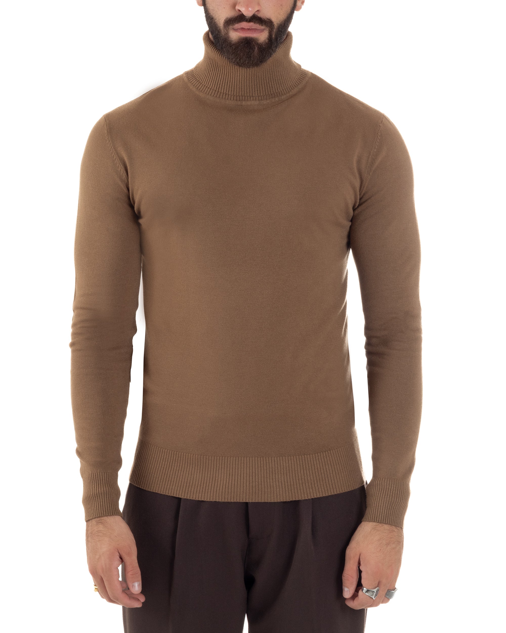 Maglioncino Uomo Collo Alto Maglia Rasata Dolcevita Basic Camel M2543A