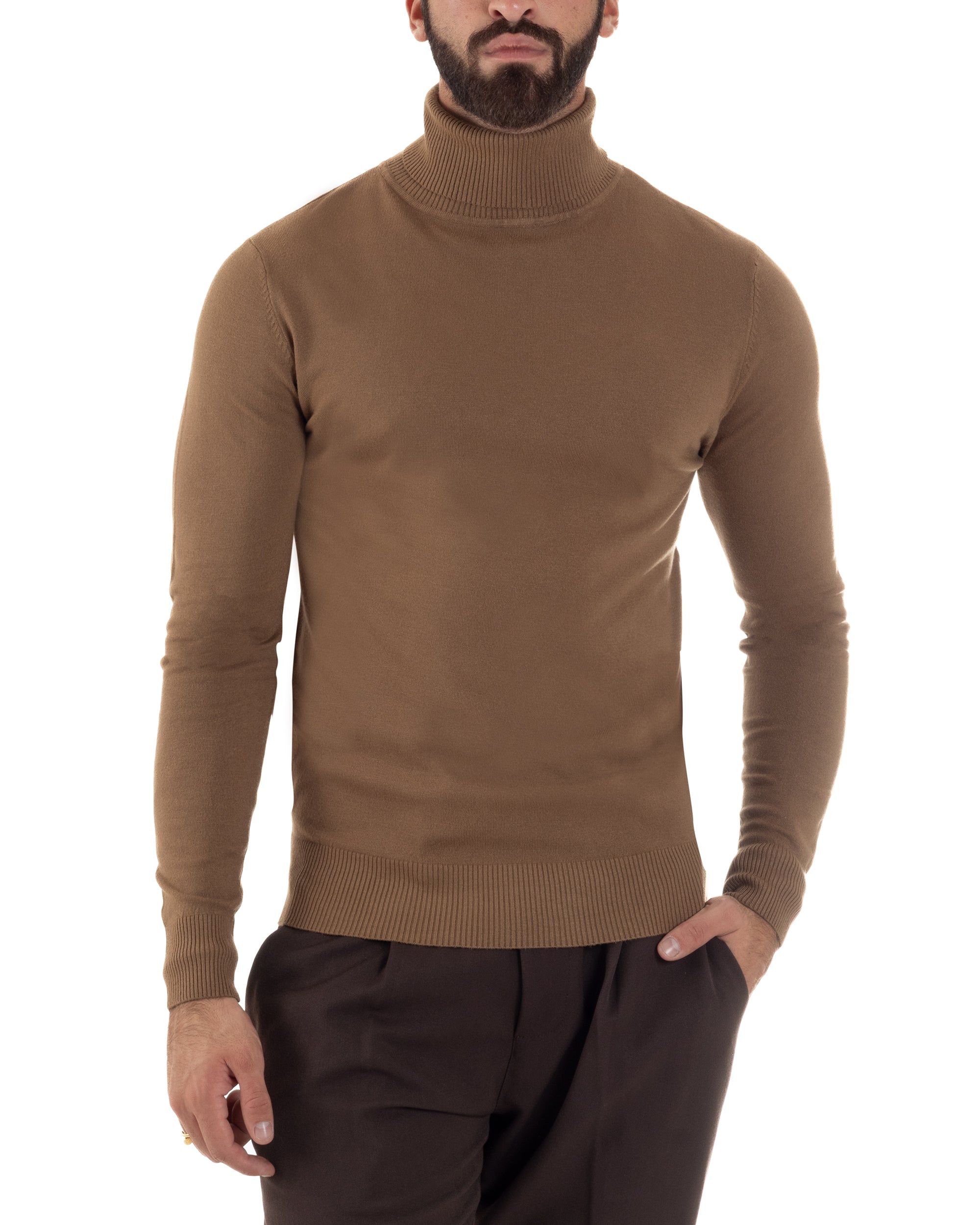 Maglioncino Uomo Collo Alto Maglia Rasata Dolcevita Basic Camel M2543A