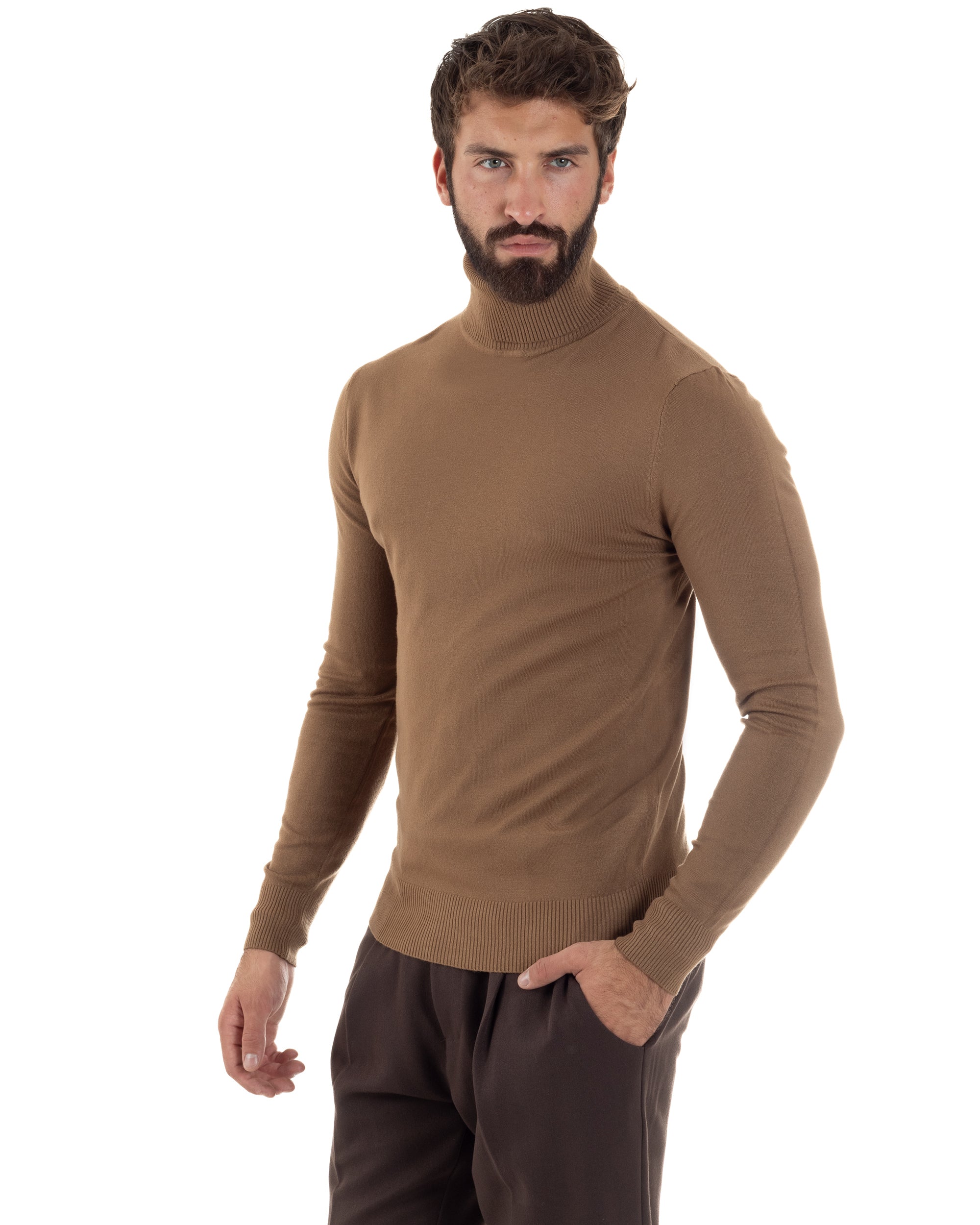 Maglioncino Uomo Collo Alto Maglia Rasata Dolcevita Basic Camel M2543A