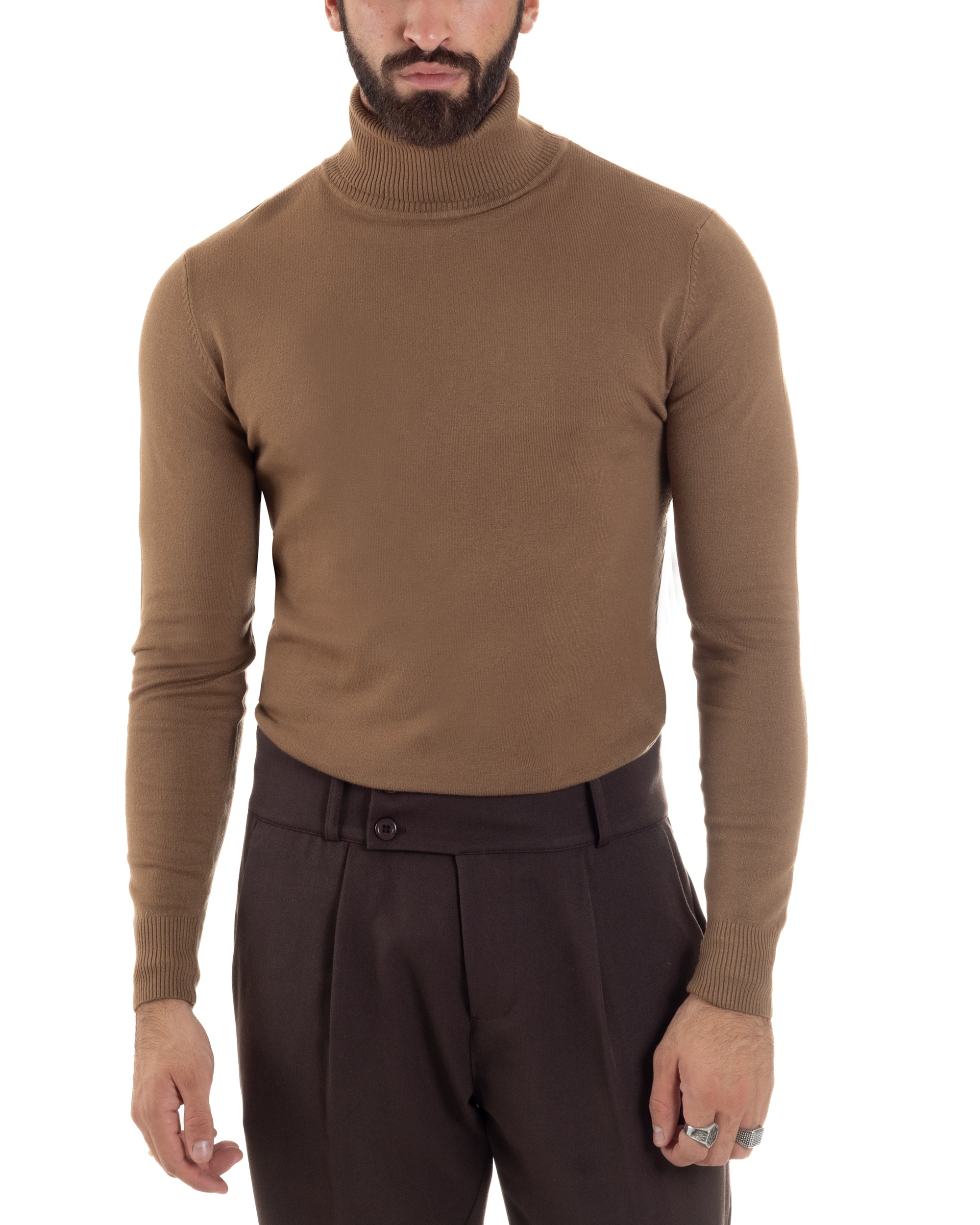 Maglioncino Uomo Collo Alto Maglia Rasata Dolcevita Basic Camel M2543A