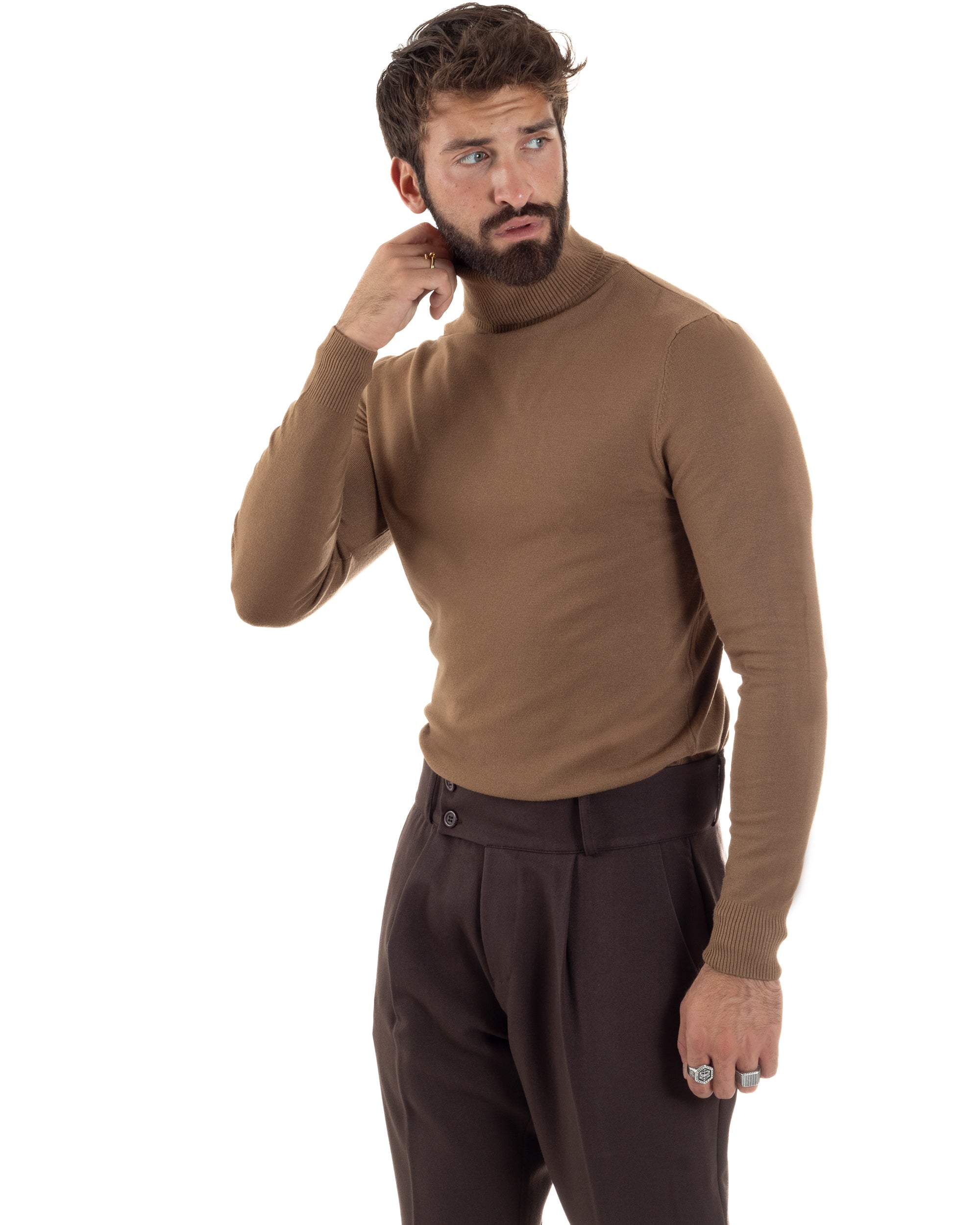 Maglioncino Uomo Collo Alto Maglia Rasata Dolcevita Basic Camel M2543A