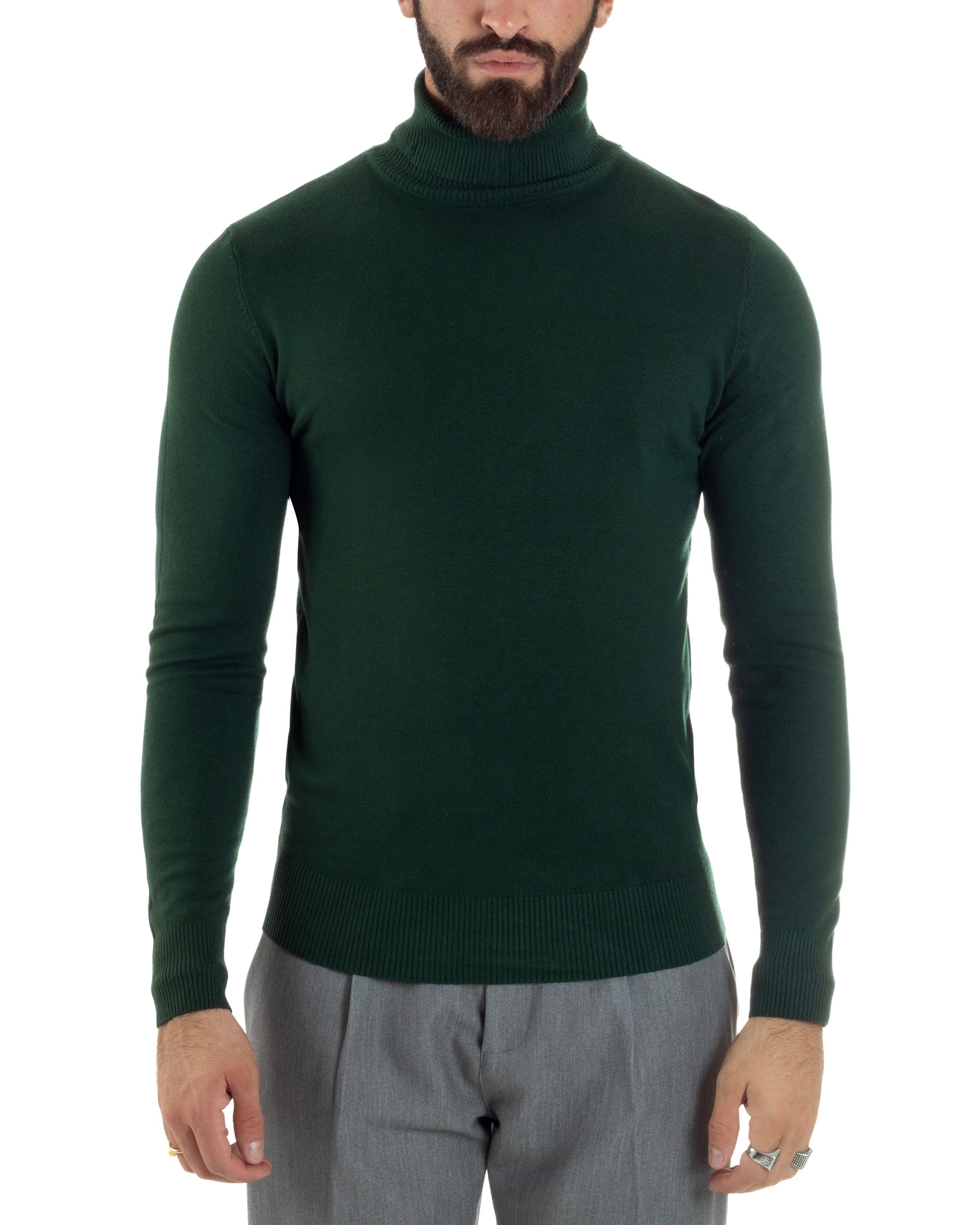 Maglioncino Uomo Collo Alto Maglia Rasata Dolcevita Basic Verde Bottiglia M2548A