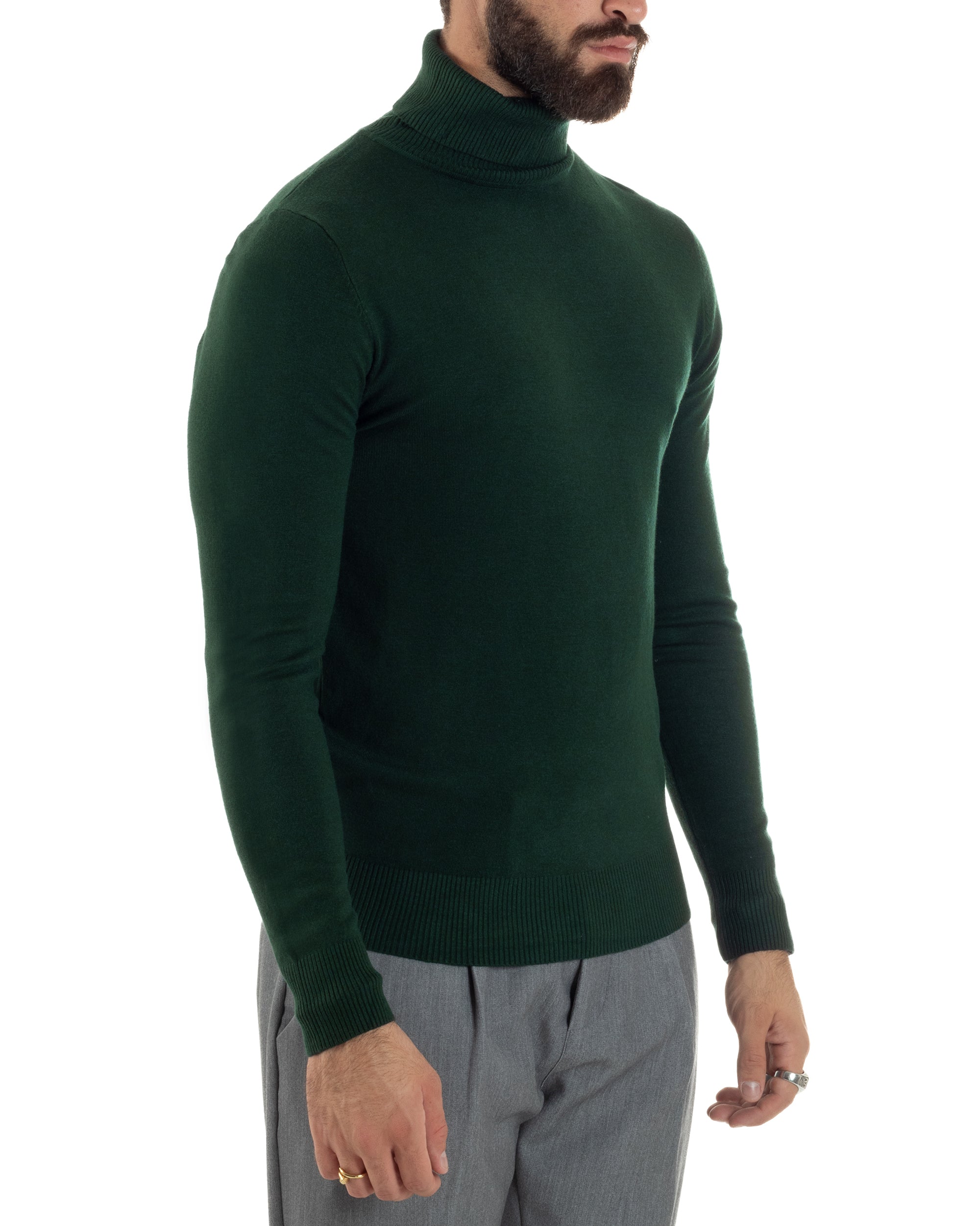 Maglioncino Uomo Collo Alto Maglia Rasata Dolcevita Basic Verde Bottiglia M2548A