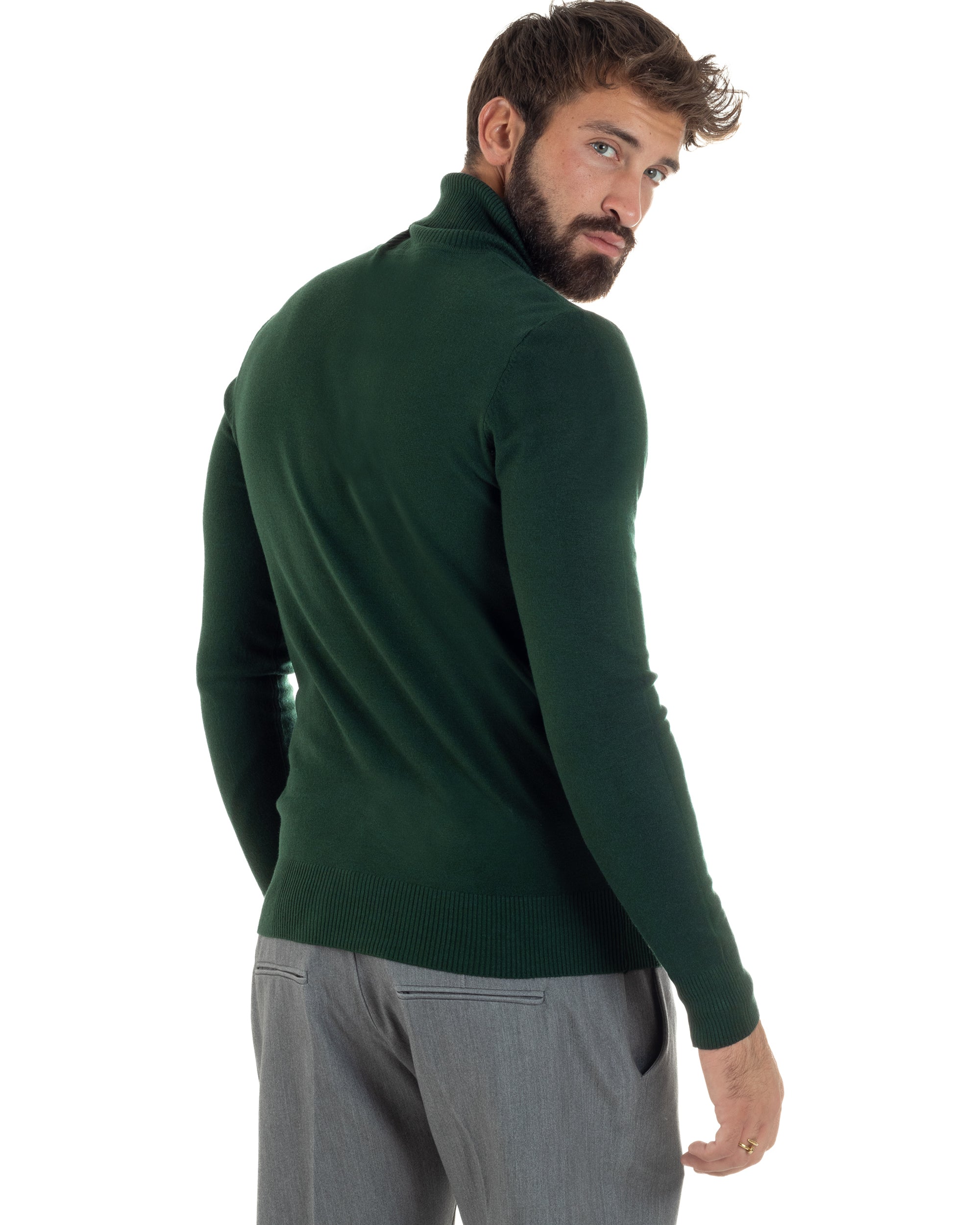 Maglioncino Uomo Collo Alto Maglia Rasata Dolcevita Basic Verde Bottiglia M2548A