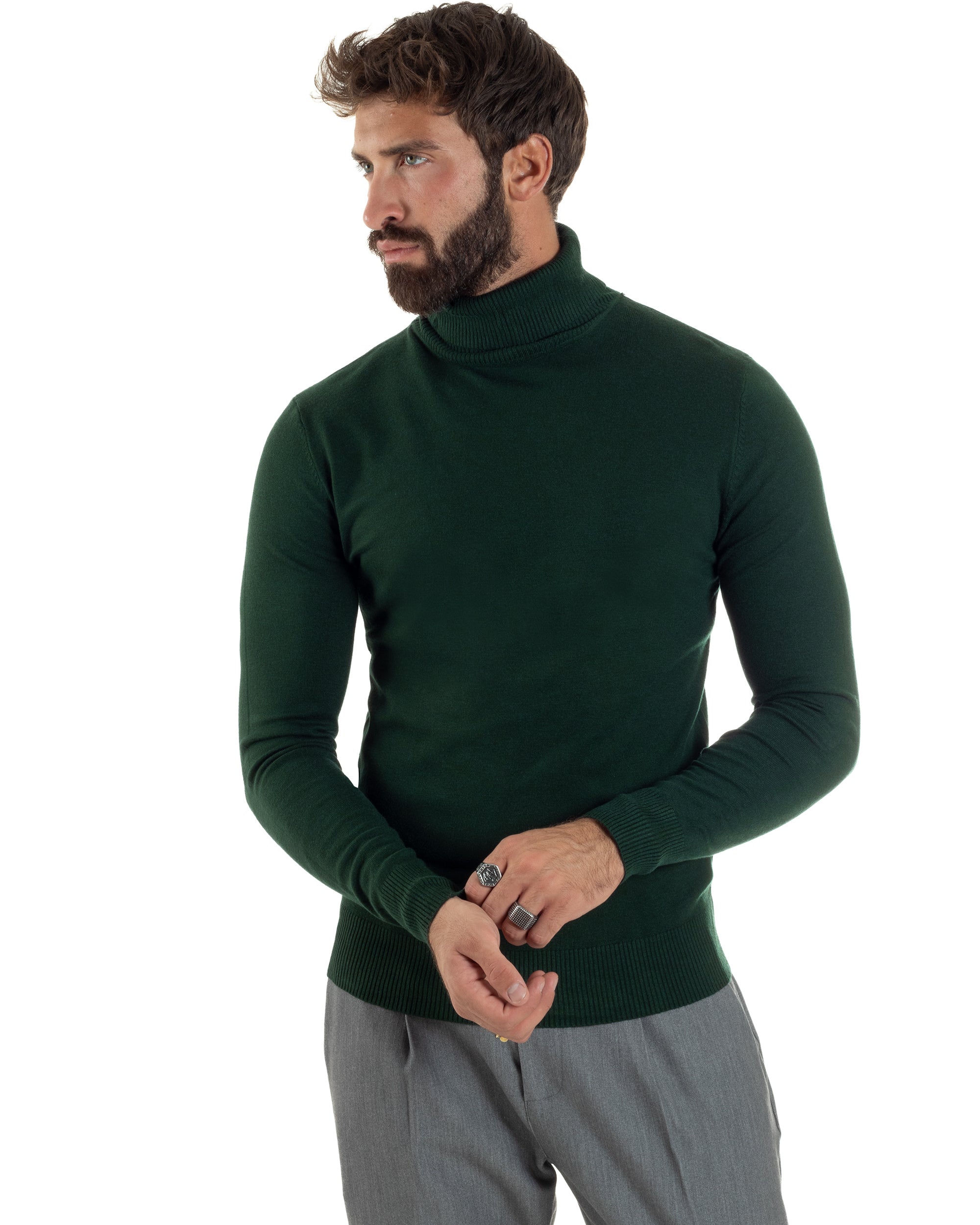 Maglioncino Uomo Collo Alto Maglia Rasata Dolcevita Basic Verde Bottiglia M2548A