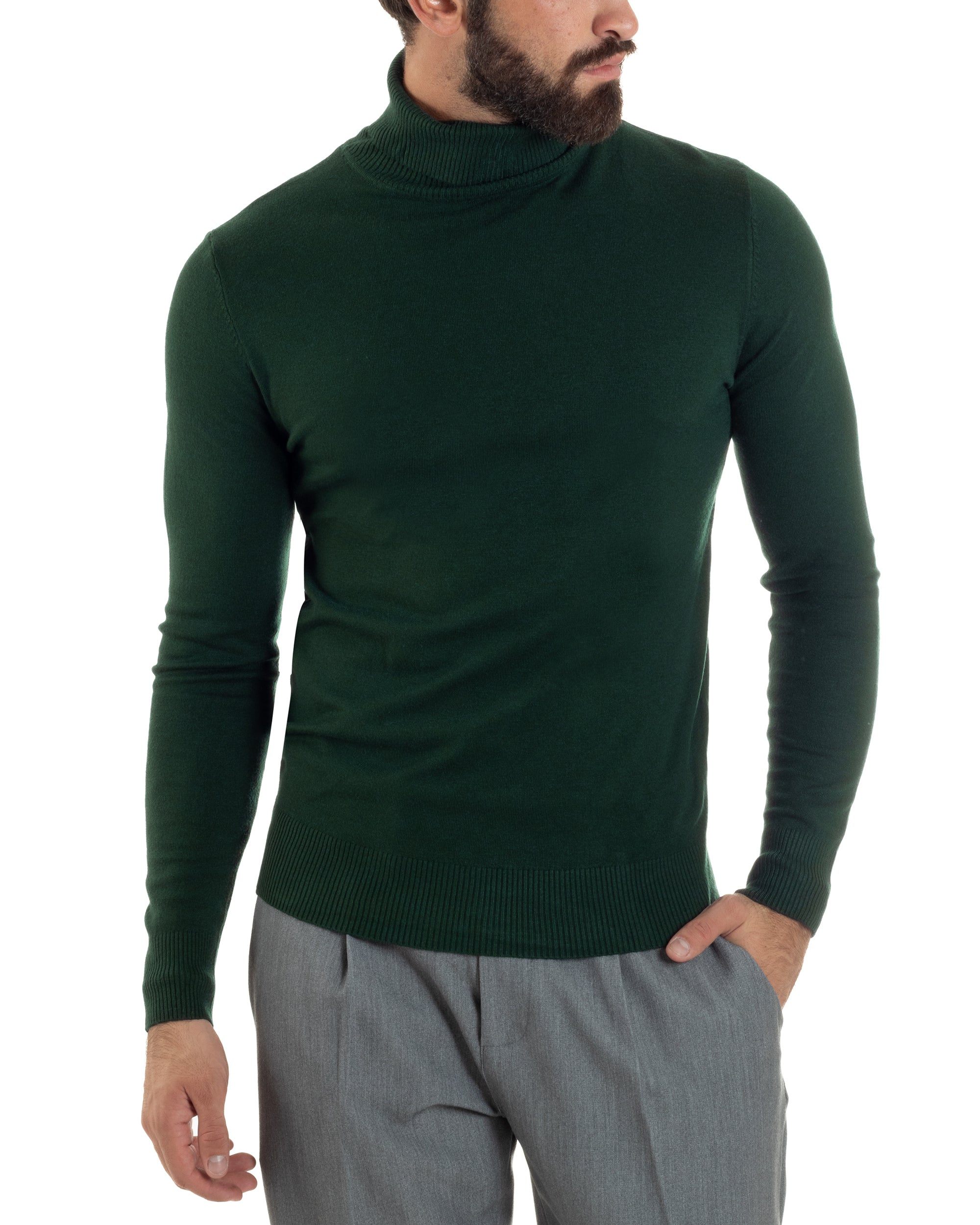 Maglioncino Uomo Collo Alto Maglia Rasata Dolcevita Basic Verde Bottig
