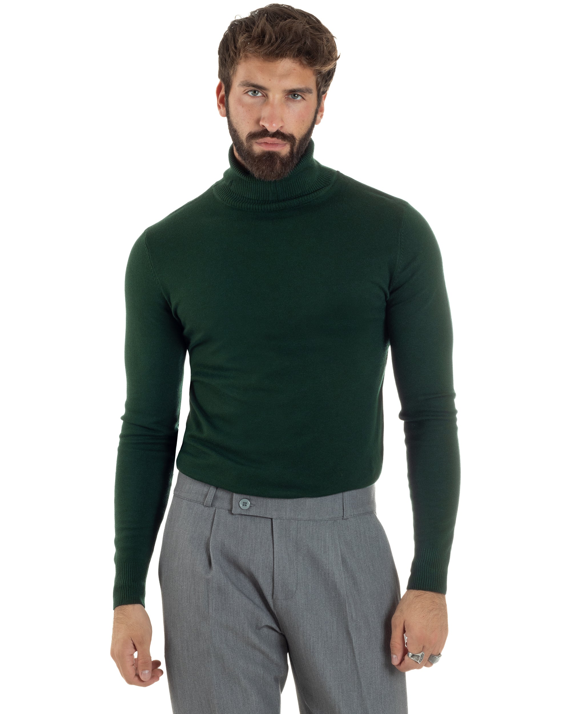 Maglioncino Uomo Collo Alto Maglia Rasata Dolcevita Basic Verde Bottiglia M2548A
