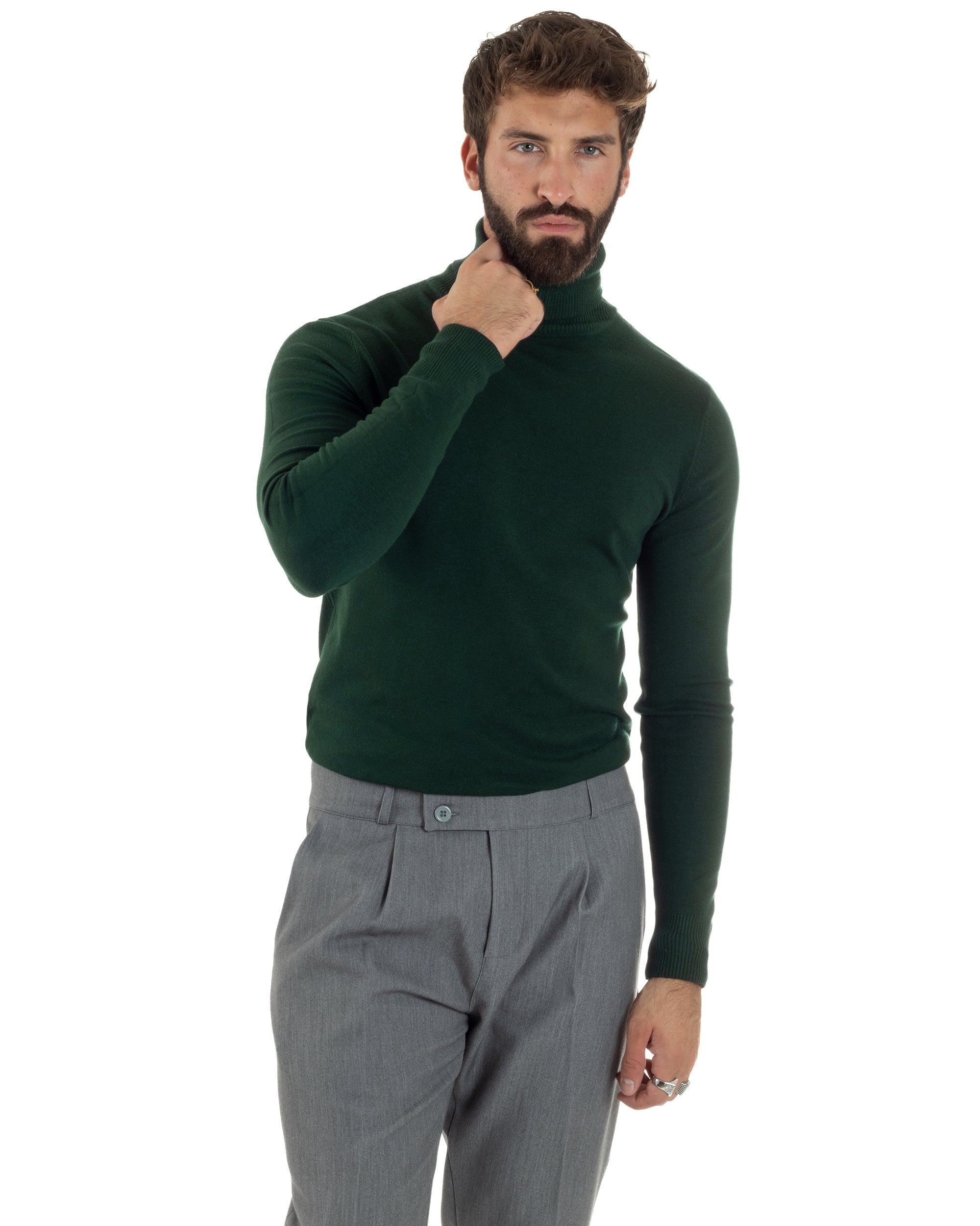 Maglioncino Uomo Collo Alto Maglia Rasata Dolcevita Basic Verde Bottiglia M2548A