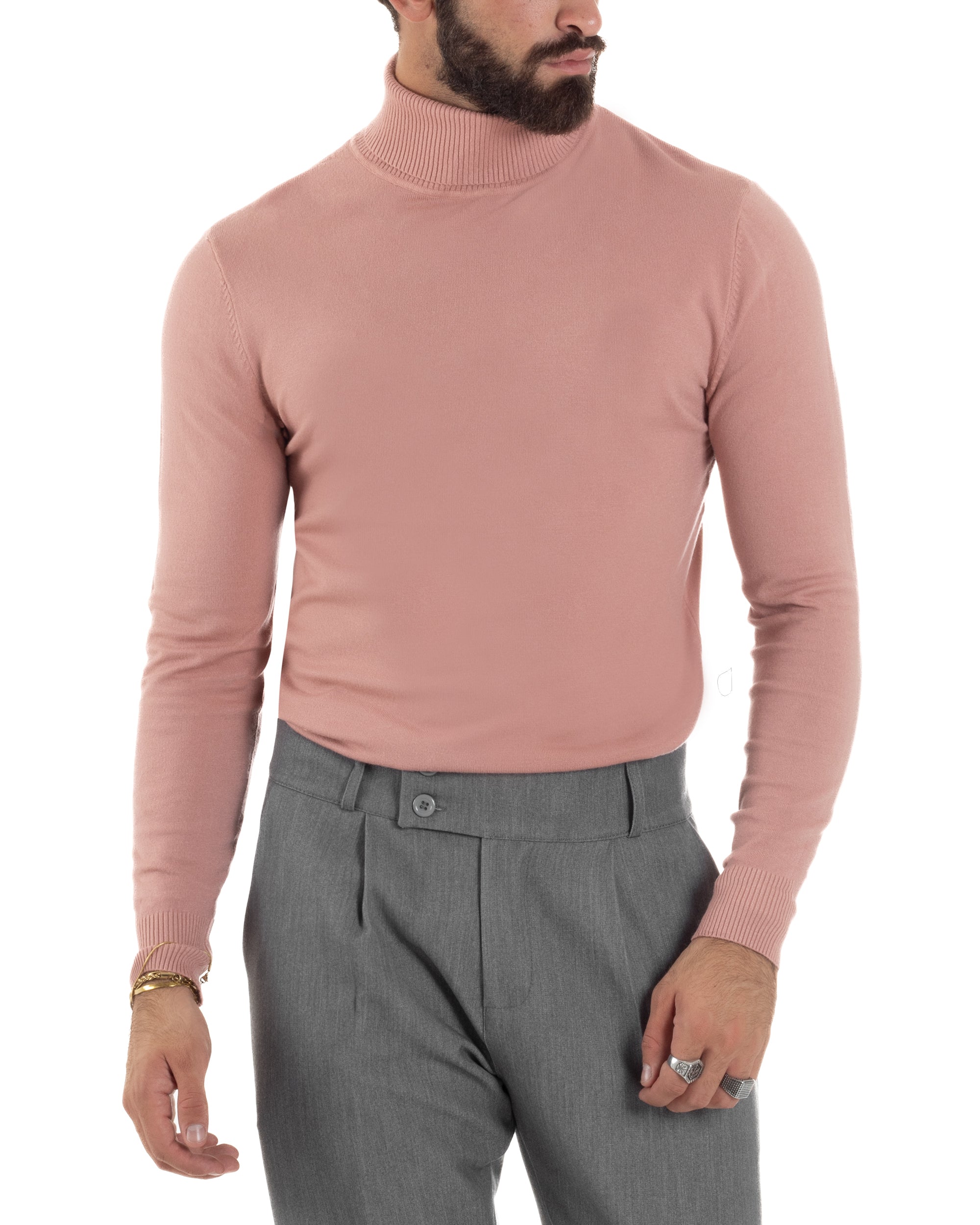 Maglioncino Uomo Collo Alto Maglia Rasata Dolcevita Basic Rosa M2557A
