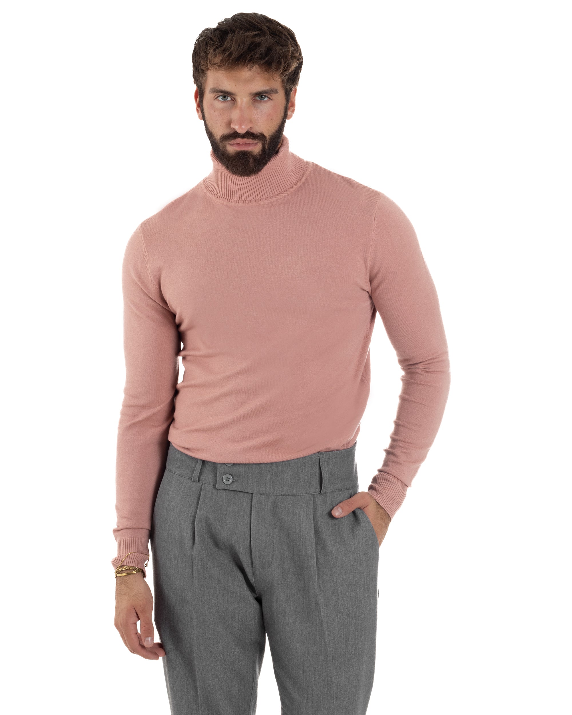 Maglioncino Uomo Collo Alto Maglia Rasata Dolcevita Basic Rosa M2557A