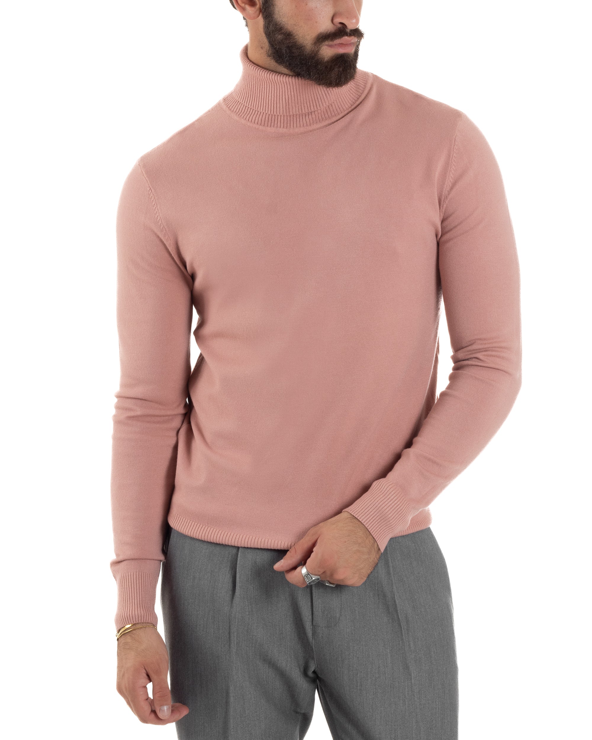Maglioncino Uomo Collo Alto Maglia Rasata Dolcevita Basic Rosa M2557A
