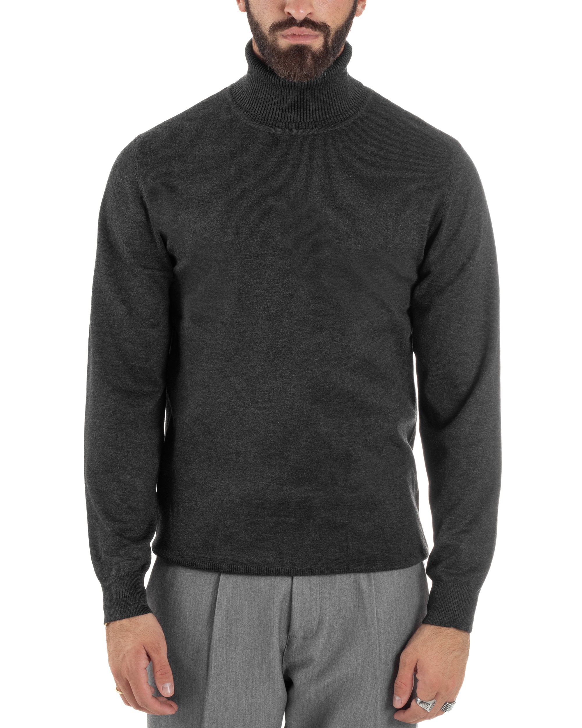 Maglioncino Uomo Collo Alto Maglia Rasata Dolcevita Basic Antracite M2533A
