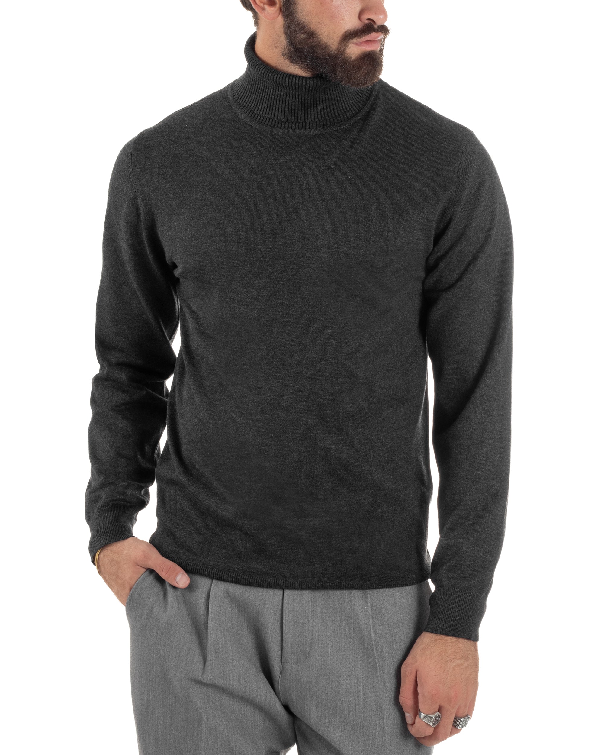 Maglioncino Uomo Collo Alto Maglia Rasata Dolcevita Basic Antracite M2533A