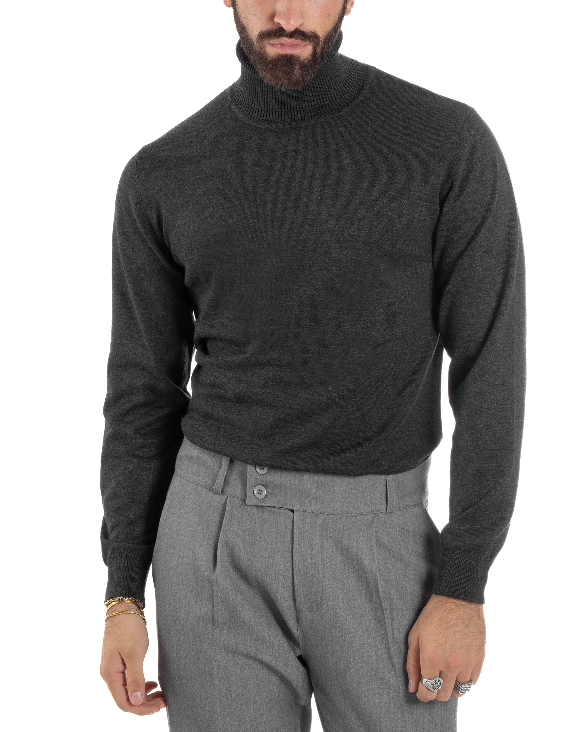 Maglioncino Uomo Collo Alto Maglia Rasata Dolcevita Basic Antracite M2533A