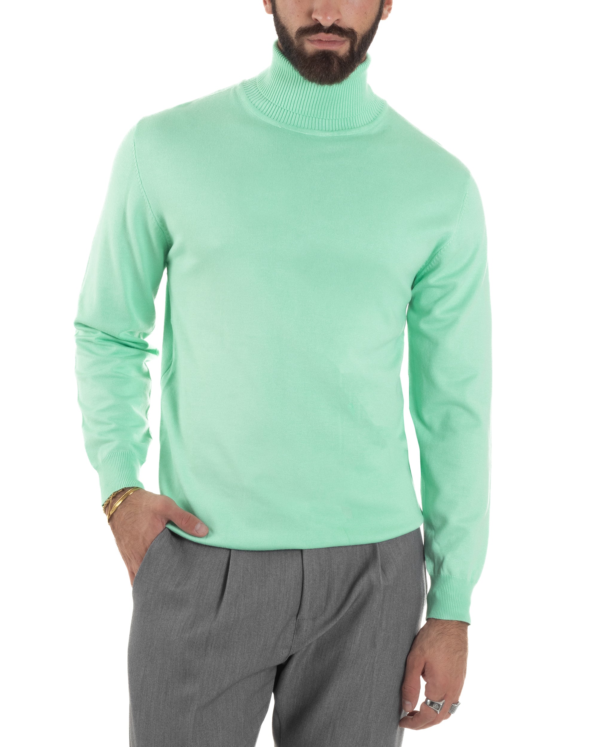 Maglioncino Uomo Collo Alto Maglia Rasata Dolcevita Basic Verde Acqua M2553A