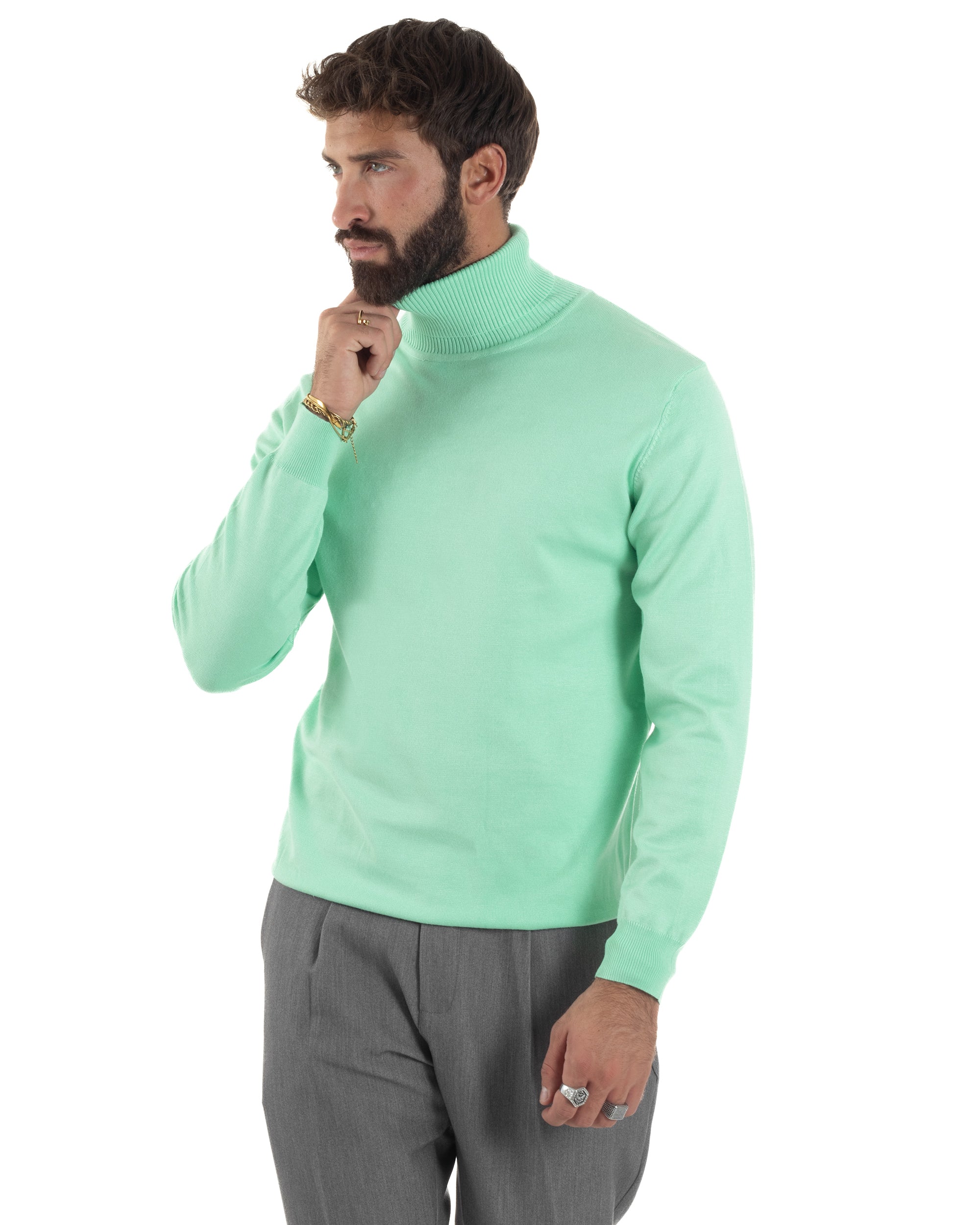 Maglioncino Uomo Collo Alto Maglia Rasata Dolcevita Basic Verde Acqua M2553A
