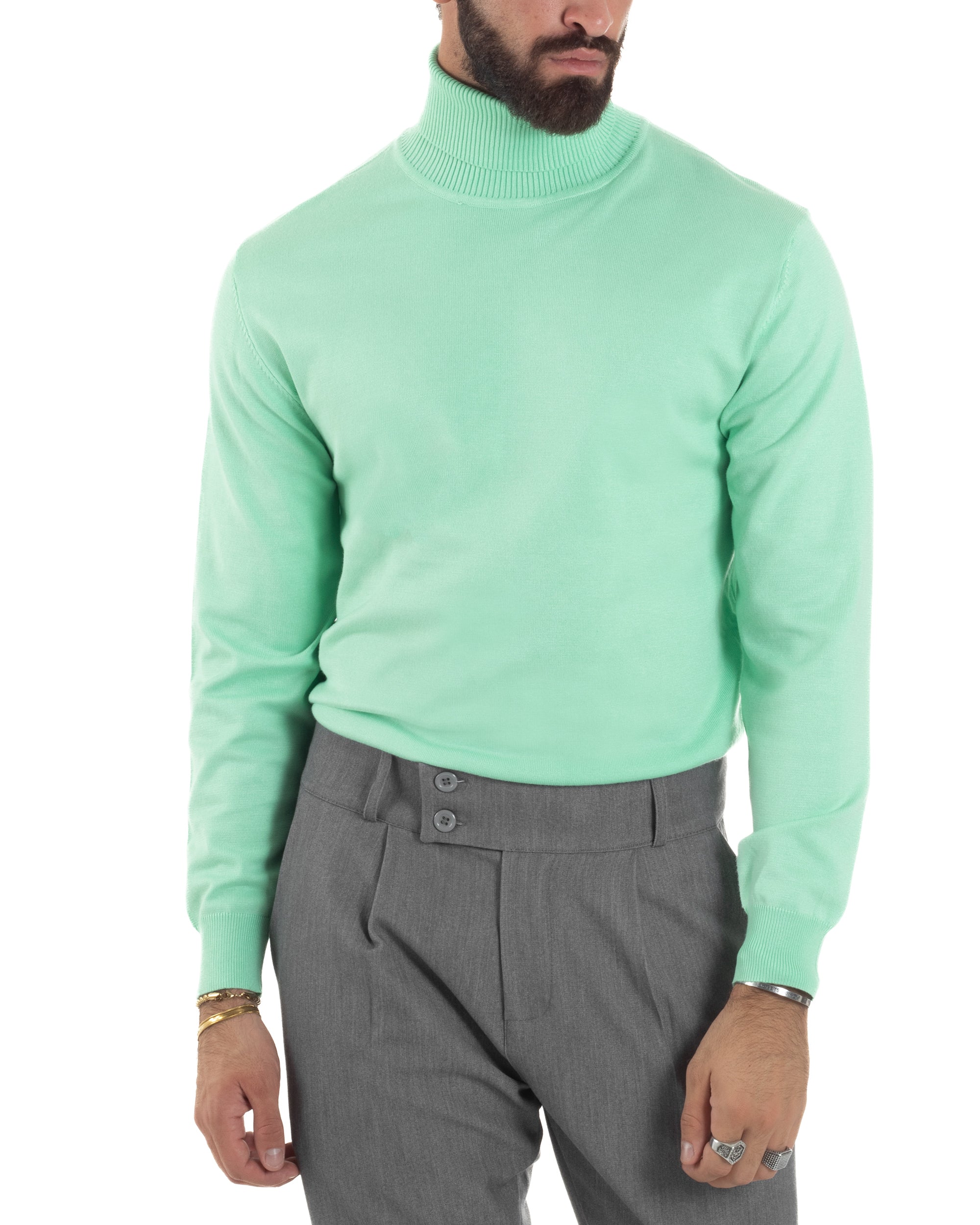 Maglioncino Uomo Collo Alto Maglia Rasata Dolcevita Basic Verde Acqua M2553A