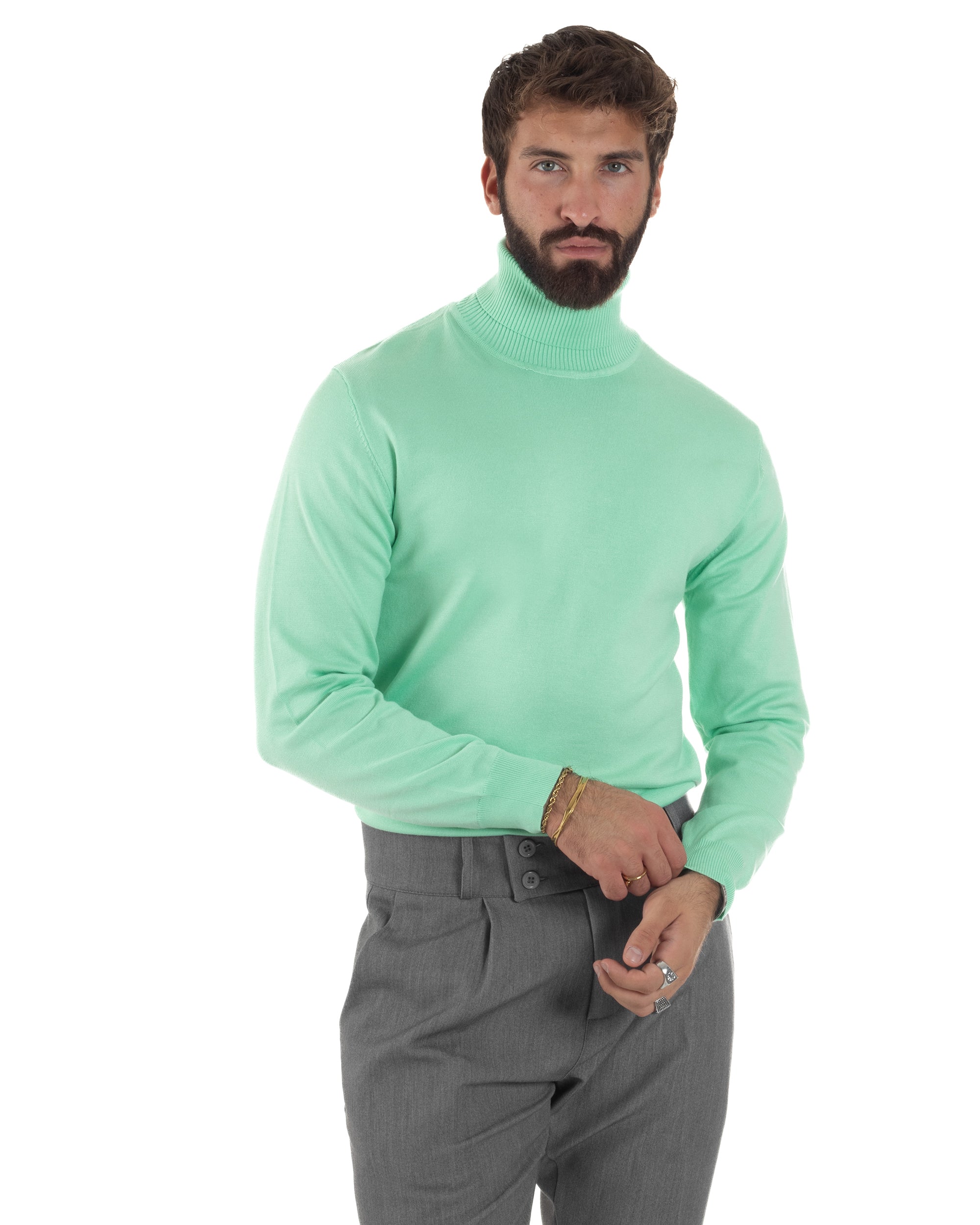 Maglioncino Uomo Collo Alto Maglia Rasata Dolcevita Basic Verde Acqua M2553A