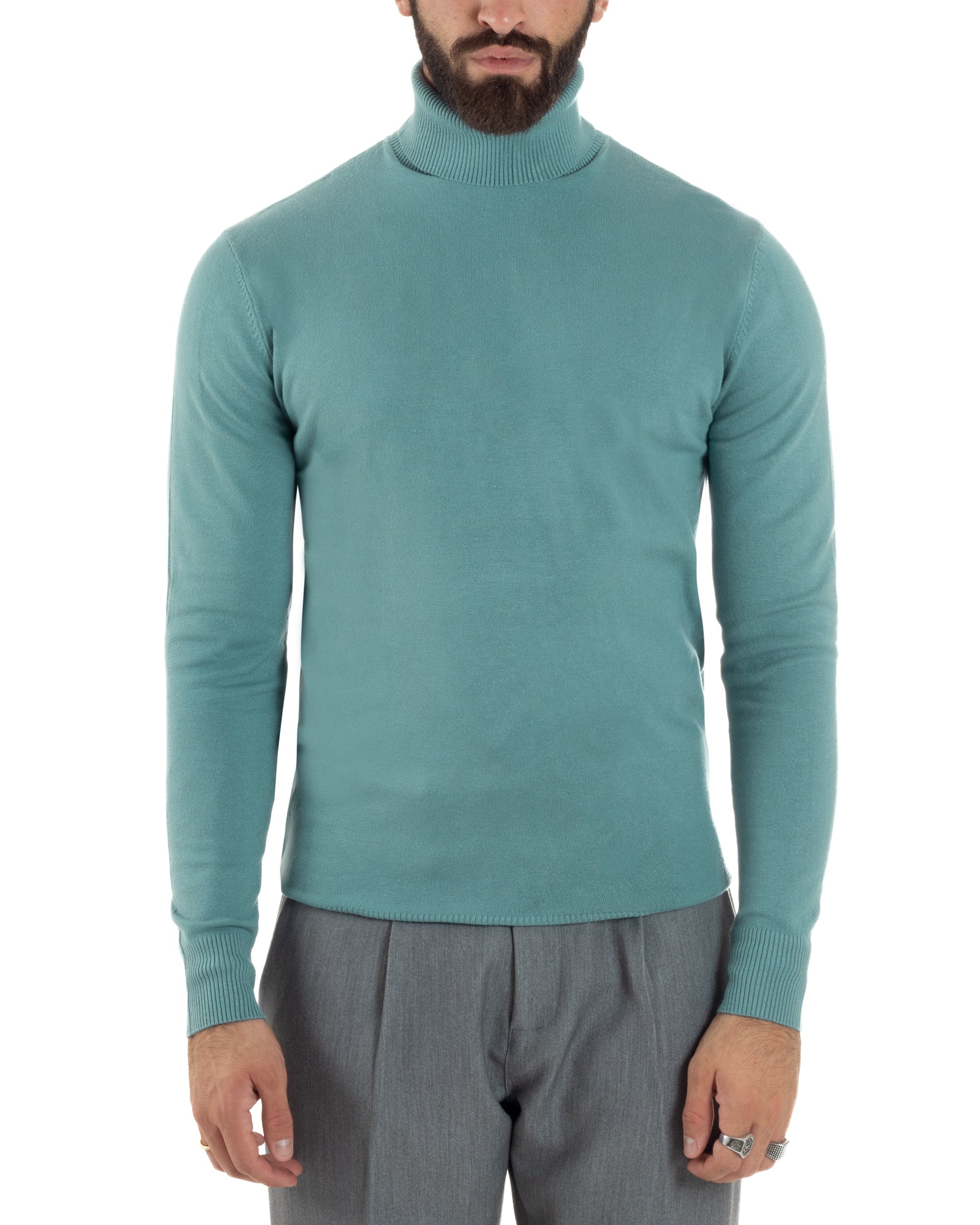 Maglioncino Uomo Collo Alto Maglia Rasata Dolcevita Basic Petrolio M2534A